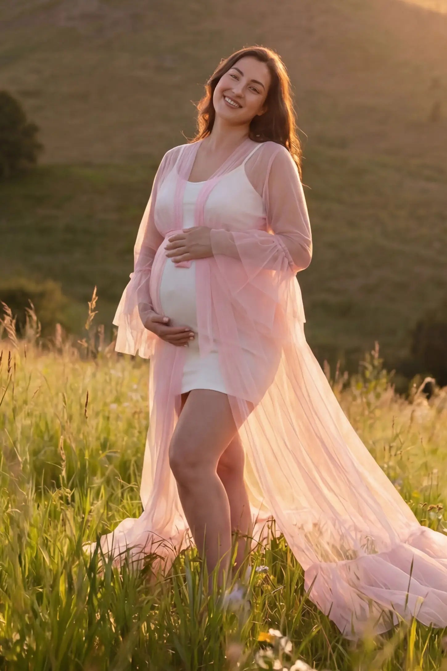 Sheer Tulle Deep V-Neck Tiered Maternity Maxi Gown Sheer tulle deep V-neck tiered maternity maxi gown in Pink with dramatic ethereal silhouette, side view on plus-size model