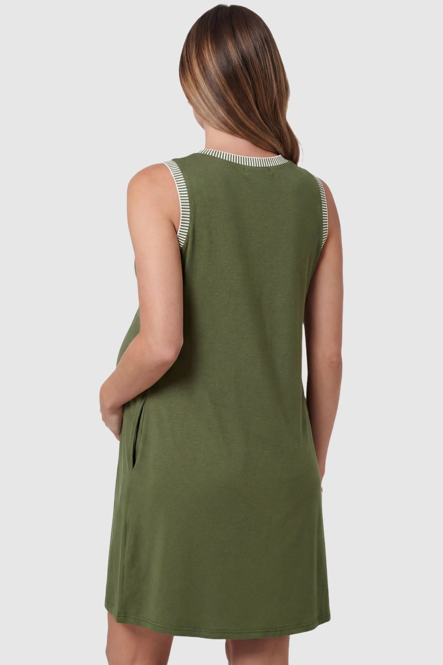 Sleeveless Round Neck A-Line Short Maternity Dress Sleeveless round neck A-line short maternity dress in army green featuring clean back design in back view on a pregnant model