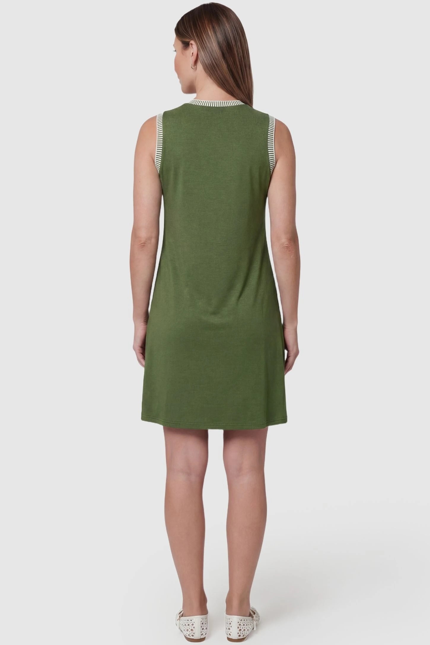 Sleeveless Round Neck A-Line Short Maternity Dress Sleeveless round neck A-line short maternity dress in army green featuring clean back design in back view on a pregnant model