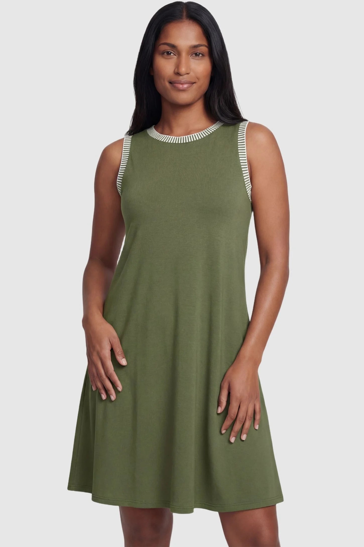 Sleeveless Round Neck A-Line Short Maternity Dress Sleeveless round neck A-line short maternity dress in army green featuring casual summer-ready silhouette in full body view on a postpartum model