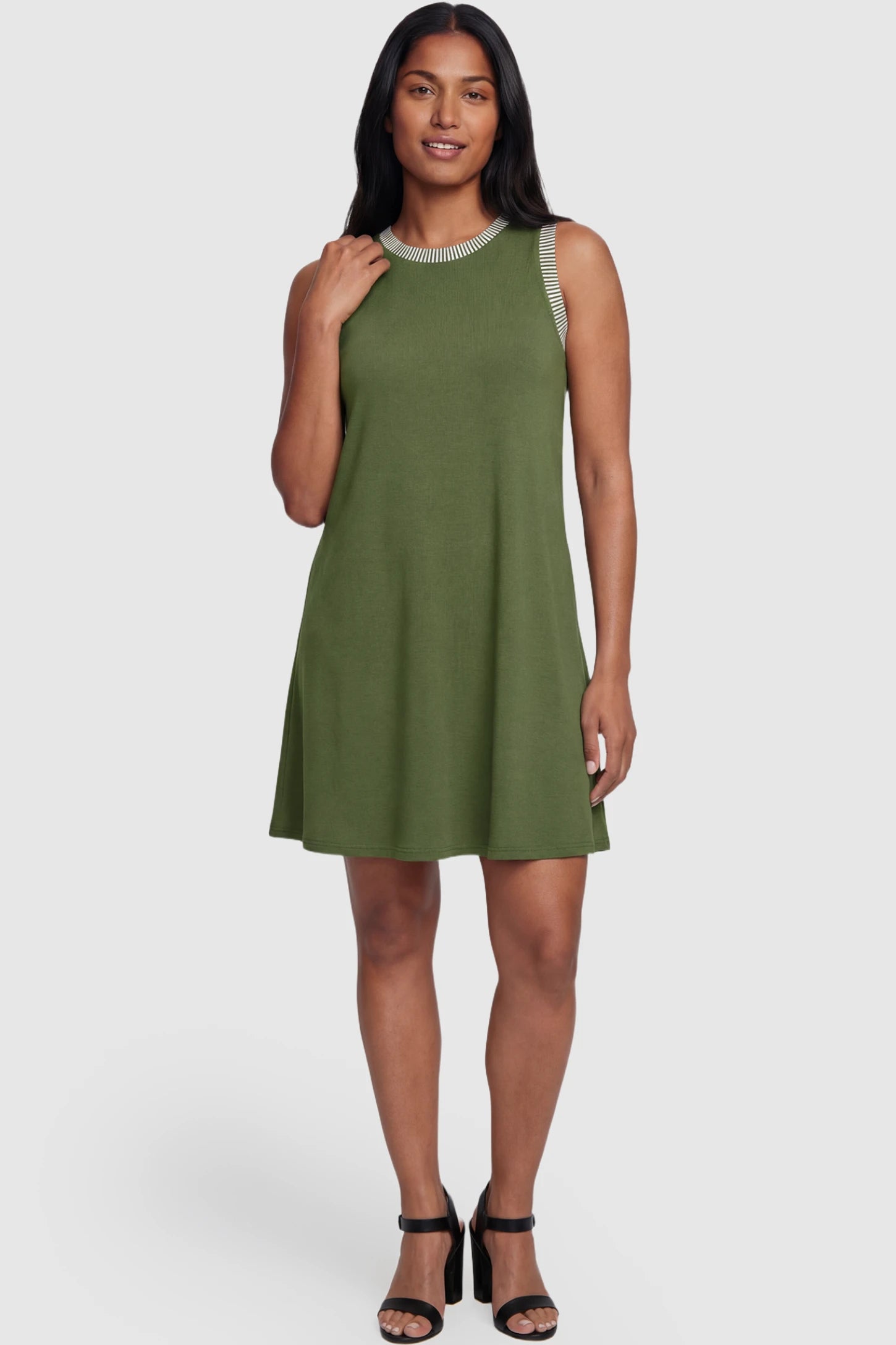 Sleeveless A-Line Maternity Mini Dress Sleeveless A-Line Maternity Short Dress in army green featuring sleeveless cut in front view on a postpartum model
