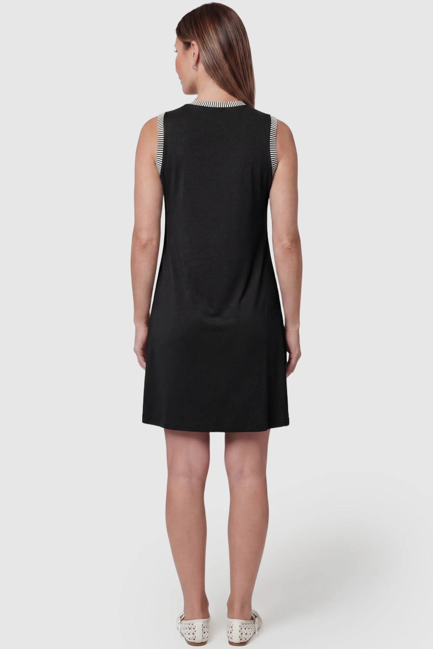 Sleeveless A-Line Maternity Mini Dress Sleeveless A-Line Maternity Short Dress in black featuring sleeveless cut in back view on a pregnant model