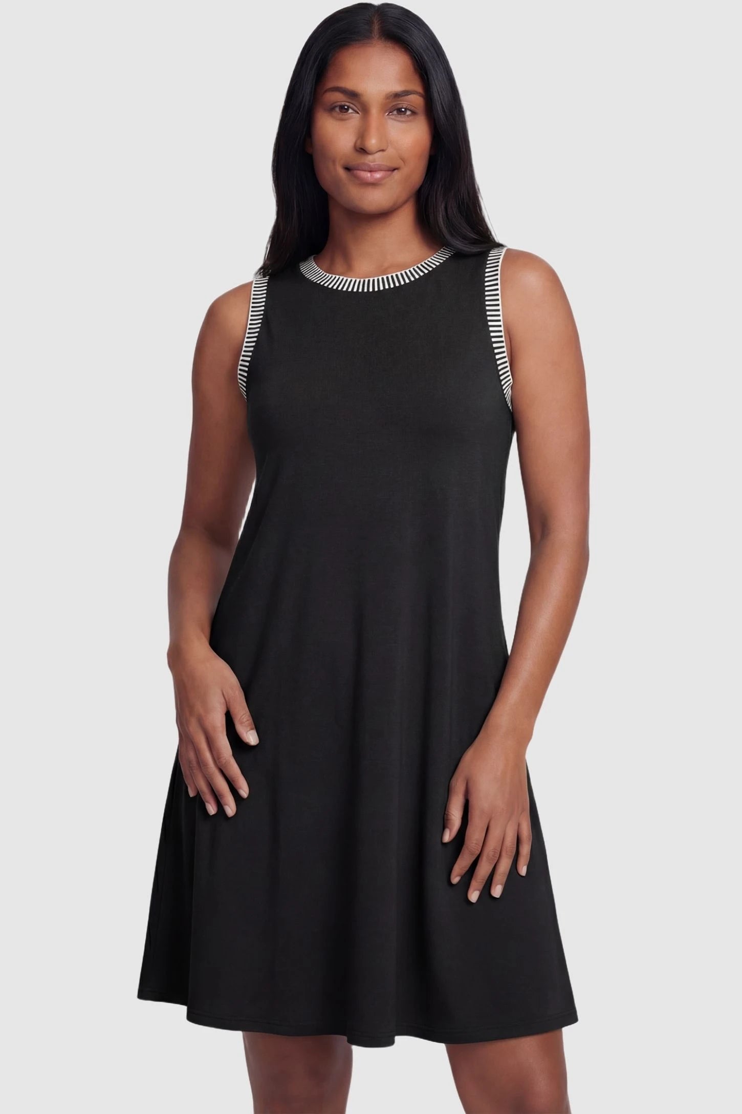 Sleeveless Round Neck A-Line Short Maternity Dress Sleeveless round neck A-line short maternity dress in black featuring casual summer-ready silhouette in full body view on a postpartum model