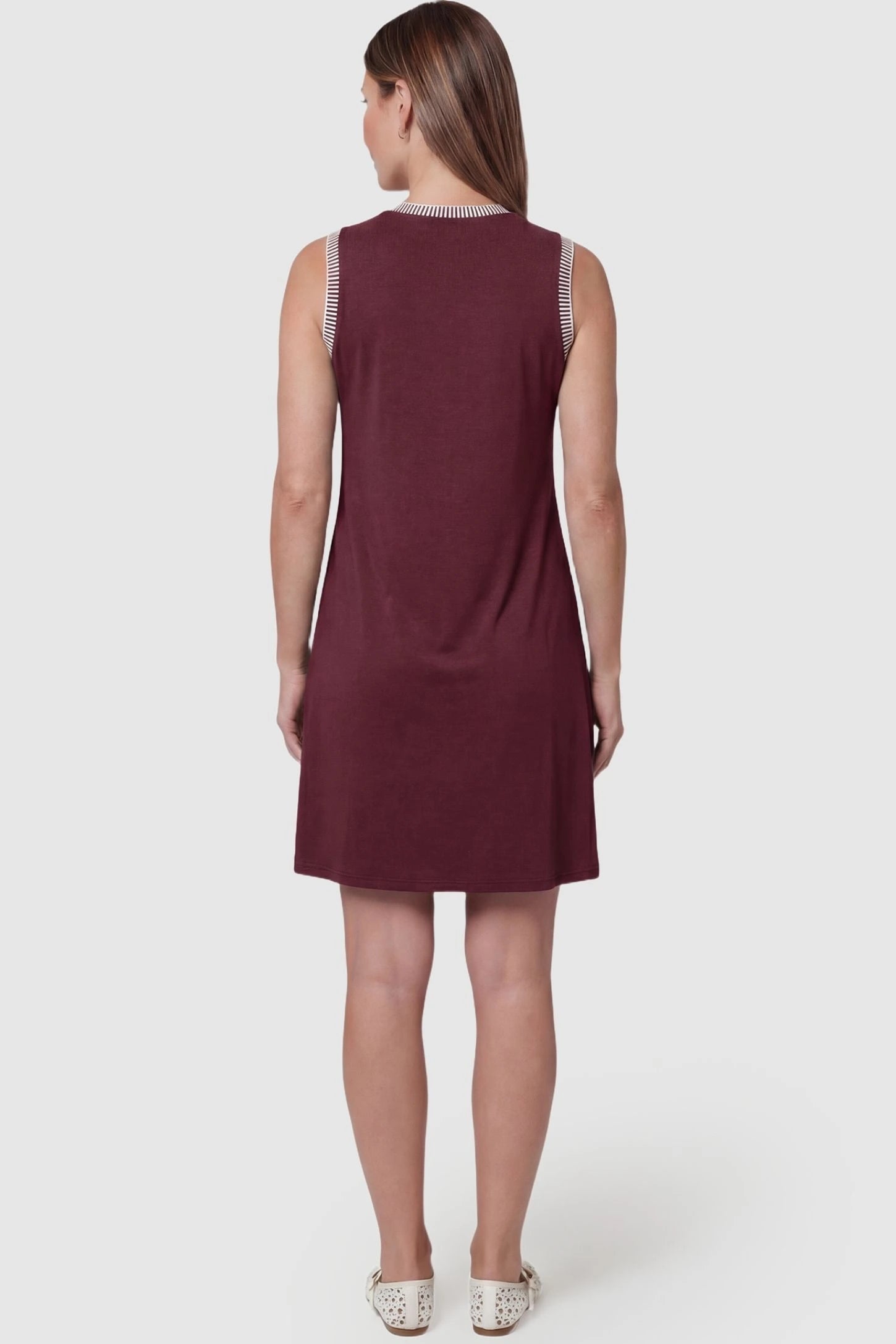 Sleeveless Round Neck A-Line Short Maternity Dress Sleeveless round neck A-line short maternity dress in burgundy featuring clean back design in back view on a pregnant model