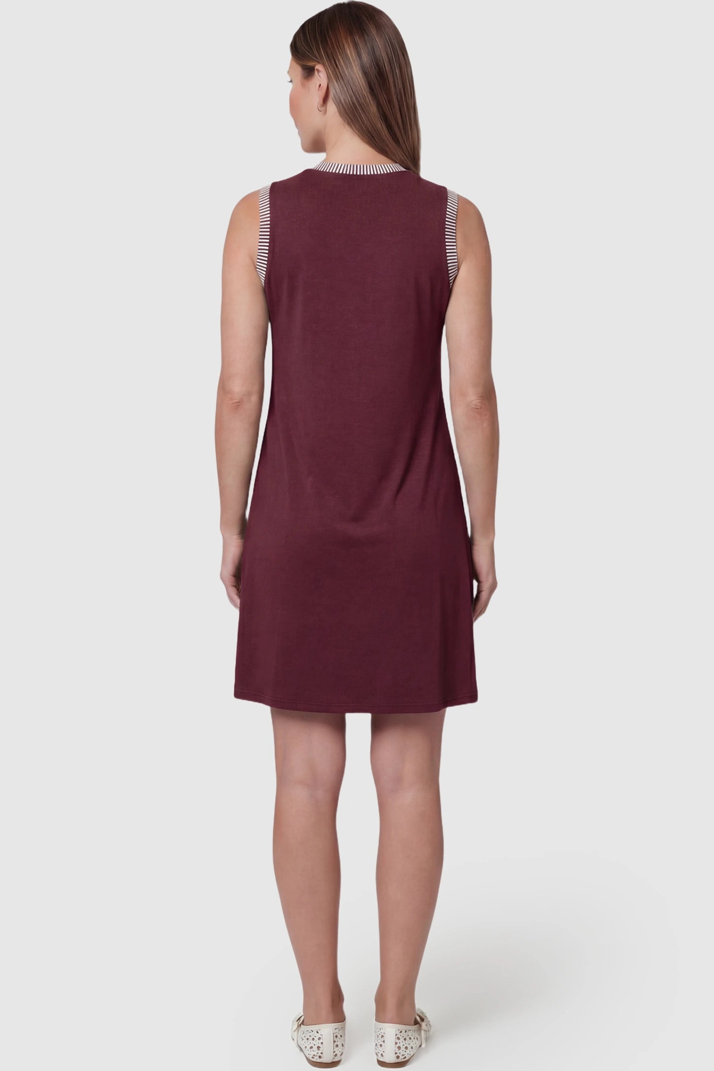 Sleeveless A-Line Maternity Mini Dress Sleeveless A-Line Maternity Short Dress in burgundy featuring sleeveless cut in back view on a pregnant model