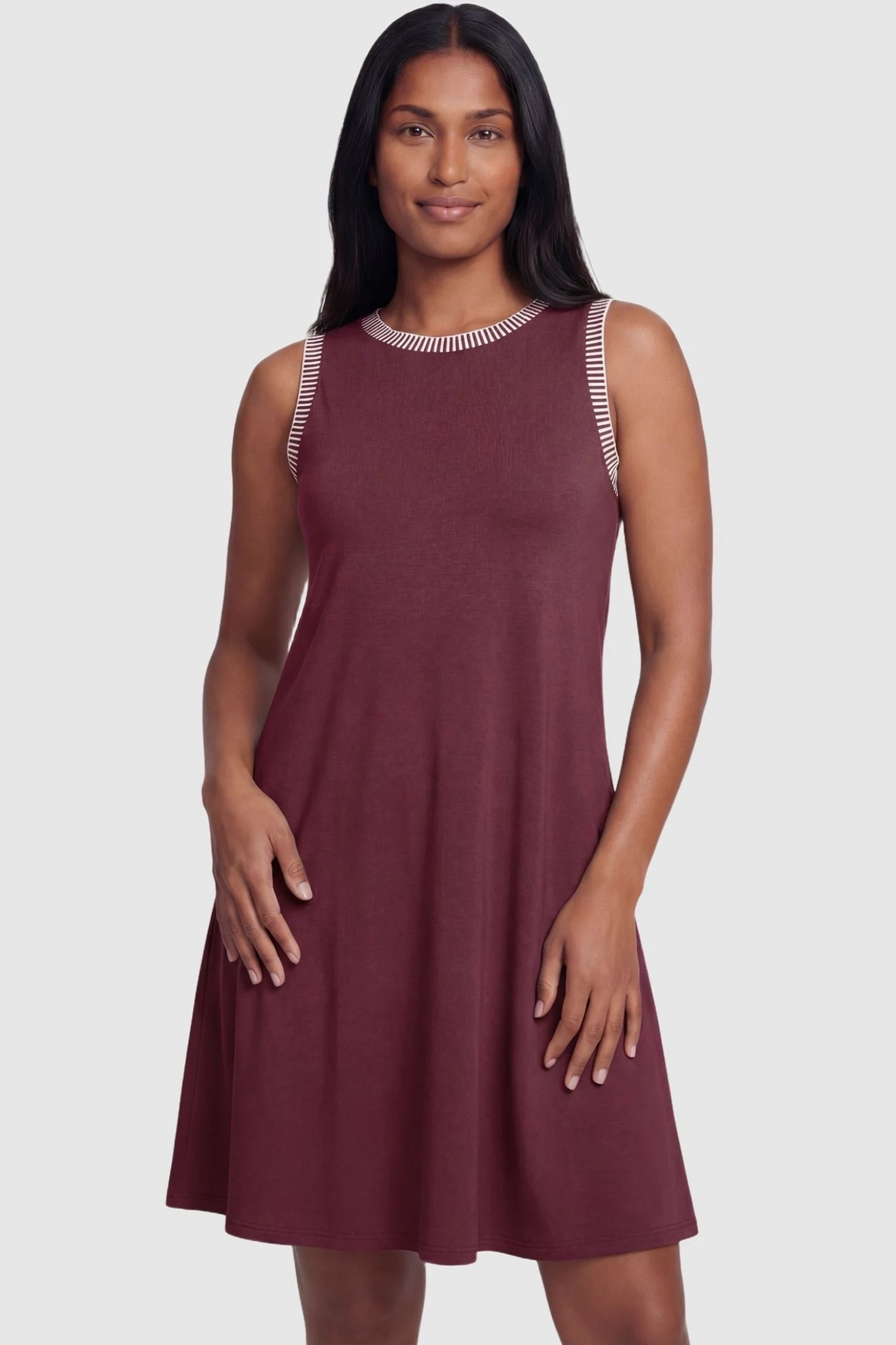 Sleeveless Round Neck A-Line Short Maternity Dress Sleeveless round neck A-line short maternity dress in burgundy featuring casual summer-ready silhouette in full body view on a postpartum model