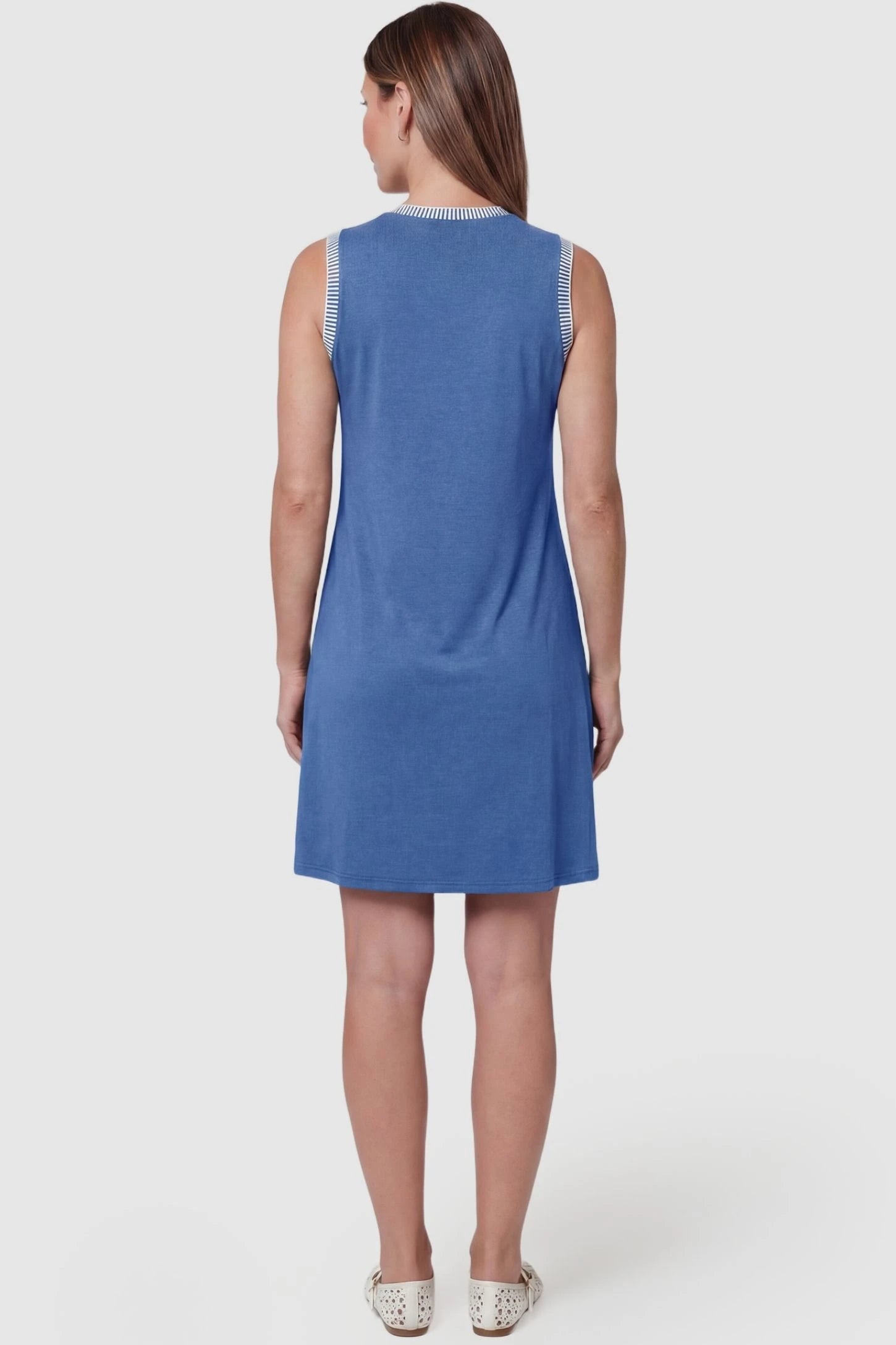 Sleeveless Round Neck A-Line Short Maternity Dress Sleeveless round neck A-line short maternity dress in royal blue featuring clean back design in back view on a pregnant model
