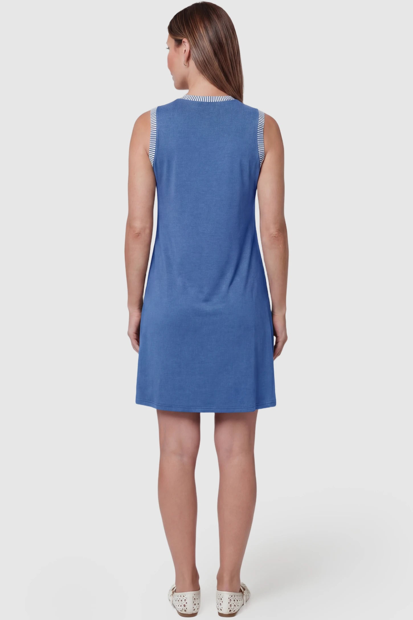 Sleeveless A-Line Maternity Mini Dress Sleeveless A-Line Maternity Short Dress in royal blue featuring sleeveless cut in back view on a pregnant model