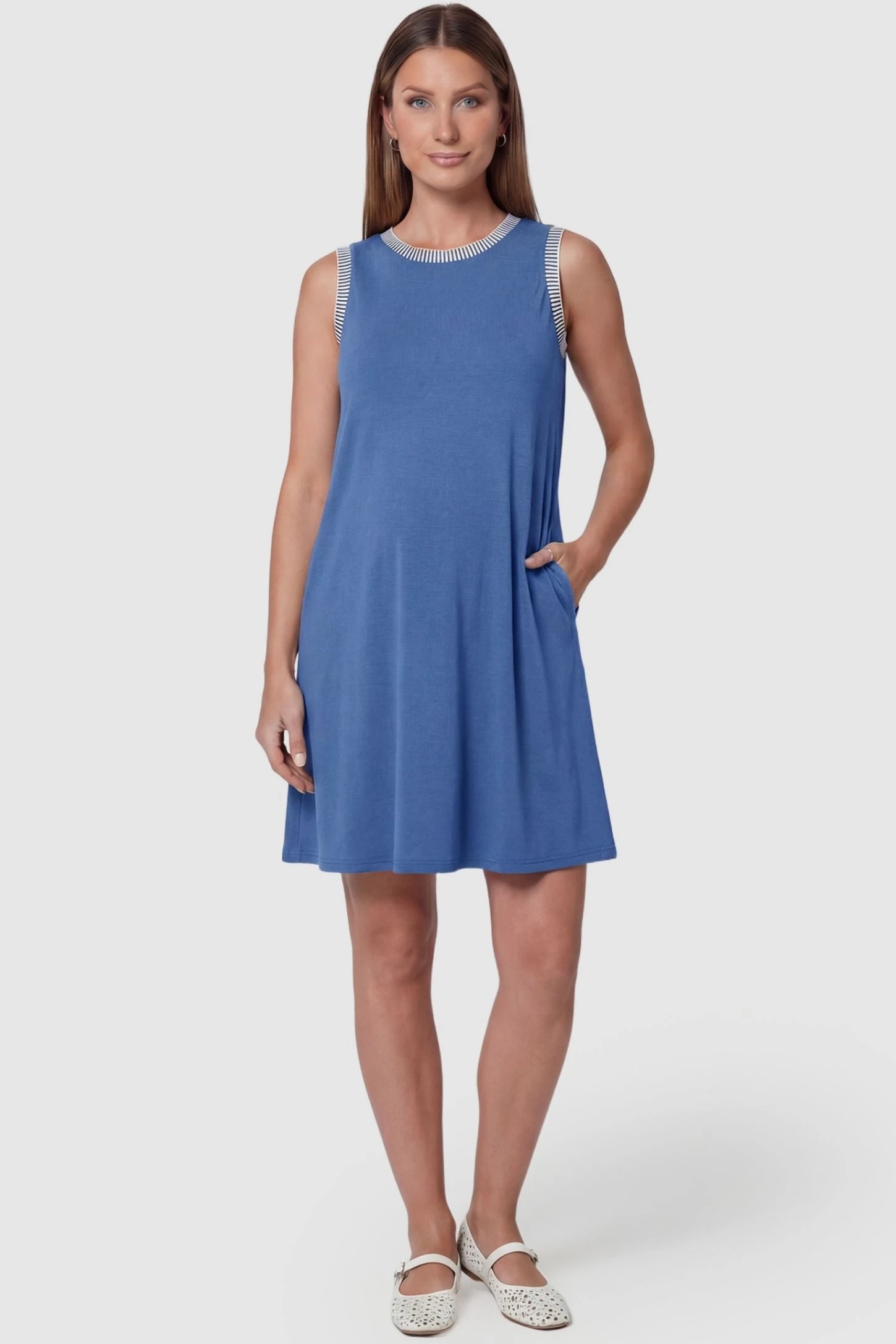Sleeveless Round Neck A-Line Short Maternity Dress Sleeveless round neck A-line short maternity dress in royal blue featuring sleeveless and flattering A-line cut in front view on a pregnant model
