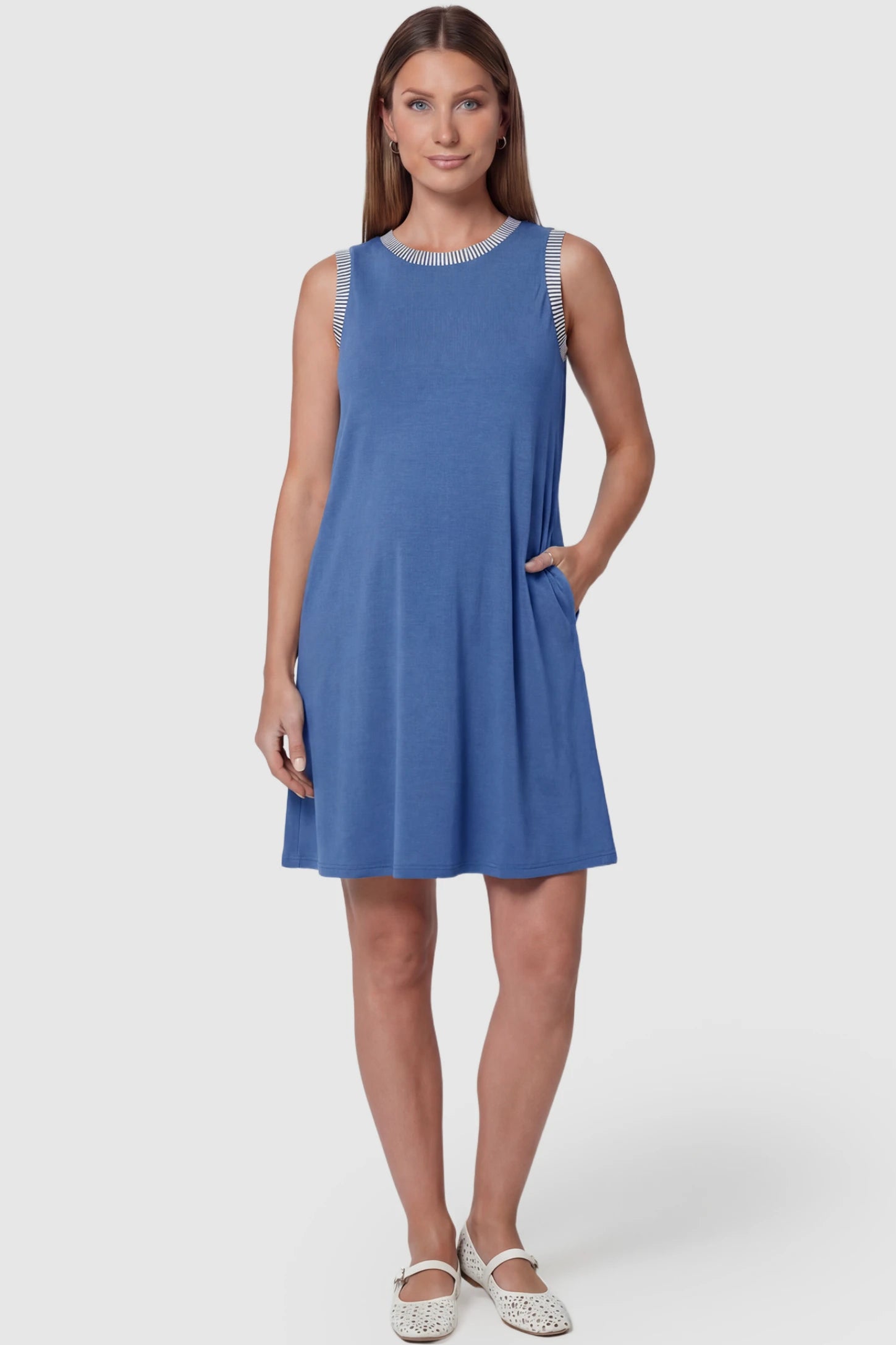 Sleeveless A-Line Maternity Mini Dress Sleeveless A-Line Maternity Short Dress in royal blue featuring sleeveless cut in front view on a pregnant model