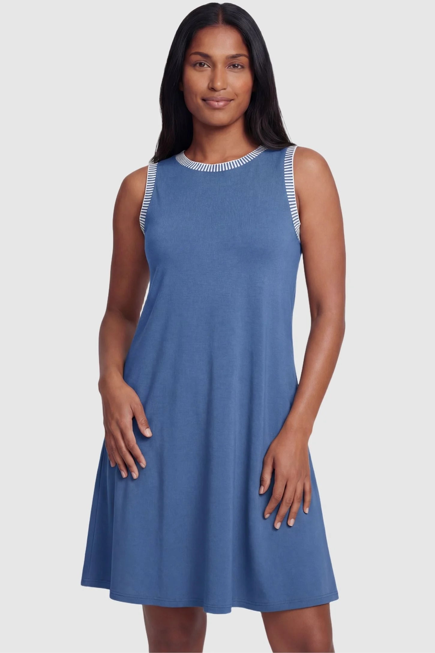 Sleeveless Round Neck A-Line Short Maternity Dress Sleeveless round neck A-line short maternity dress in royal blue featuring casual summer-ready silhouette in full body view on a postpartum model
