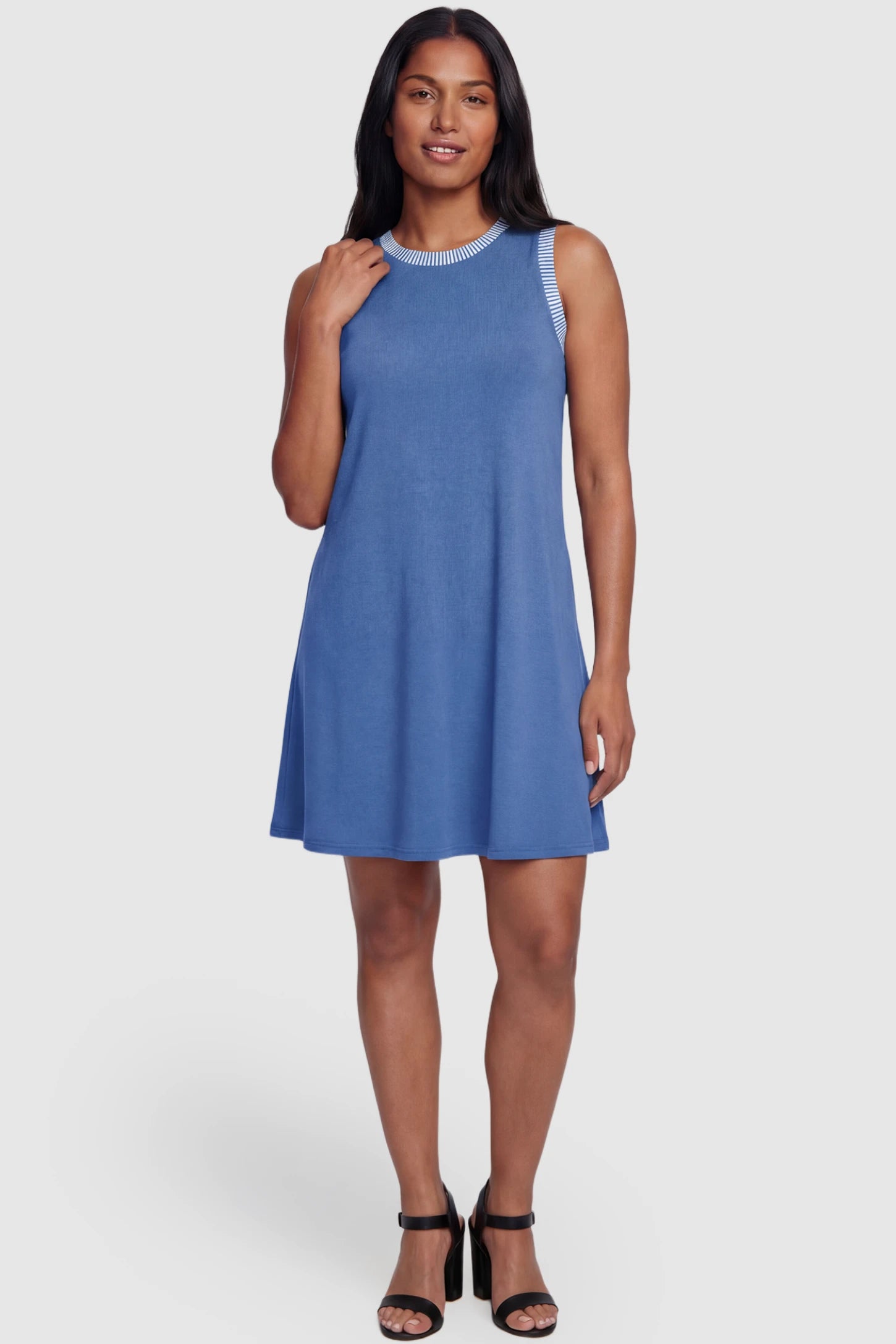 Sleeveless A-Line Maternity Mini Dress Sleeveless A-Line Maternity Short Dress in royal blue featuring sleeveless cut in front view on a postpartum model