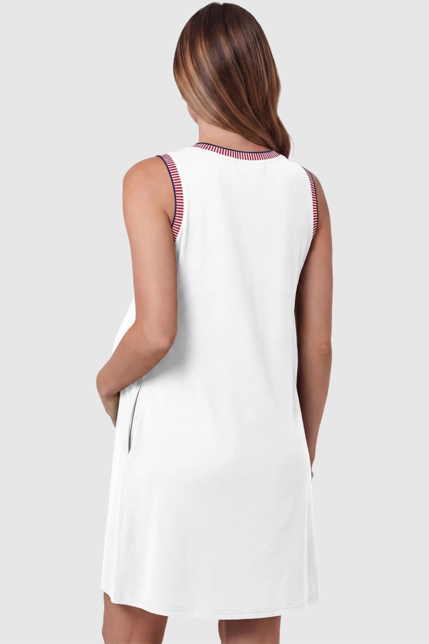 Sleeveless Round Neck A-Line Short Maternity Dress Sleeveless round neck A-line short maternity dress in white featuring clean back design in back view on a pregnant model