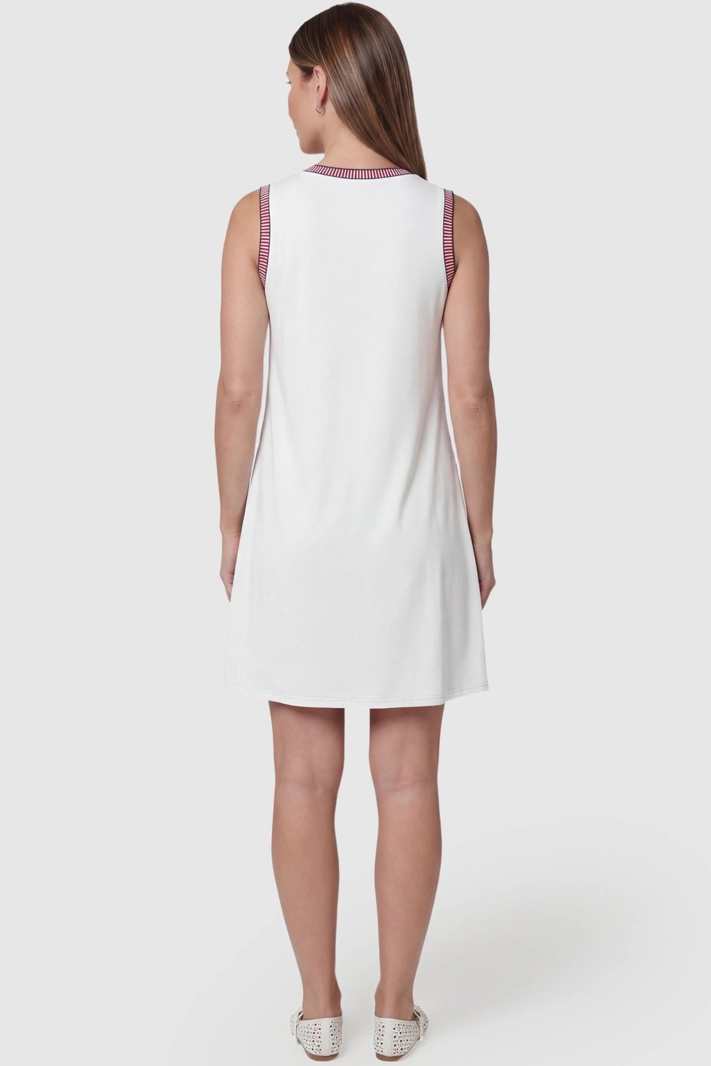 Sleeveless Round Neck A-Line Short Maternity Dress Sleeveless round neck A-line short maternity dress in white featuring clean back design in back view on a pregnant model