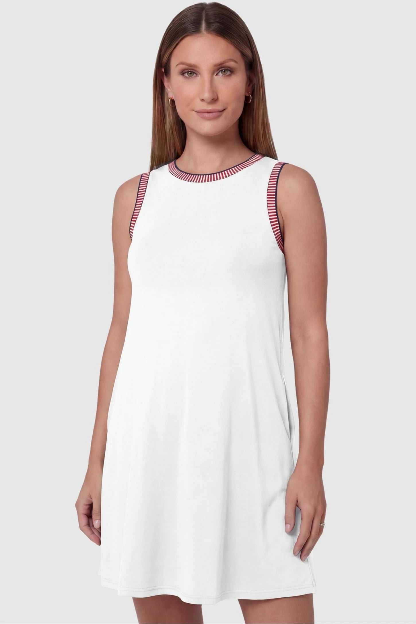 Sleeveless Round Neck A-Line Short Maternity Dress Sleeveless round neck A-line short maternity dress in white featuring sleeveless and flattering A-line cut in front view on a pregnant model