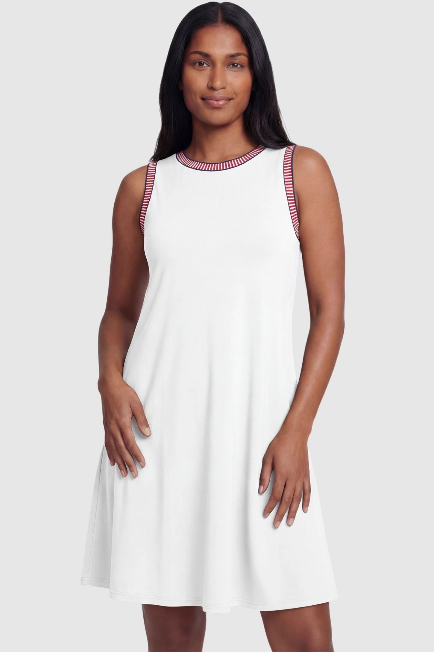 Sleeveless Round Neck A-Line Short Maternity Dress Sleeveless round neck A-line short maternity dress in white featuring casual summer-ready silhouette in full body view on a postpartum model