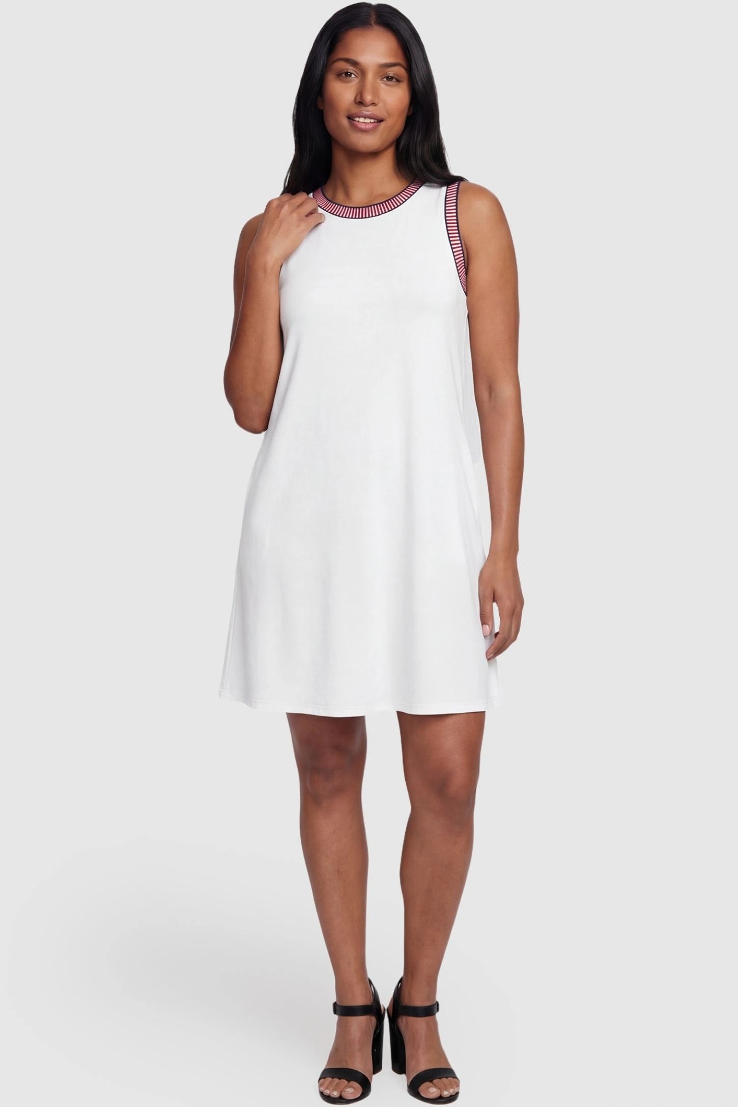 Sleeveless Round Neck A-Line Short Maternity Dress Sleeveless round neck A-line short maternity dress in white featuring casual summer-ready silhouette in full body view on a postpartum model