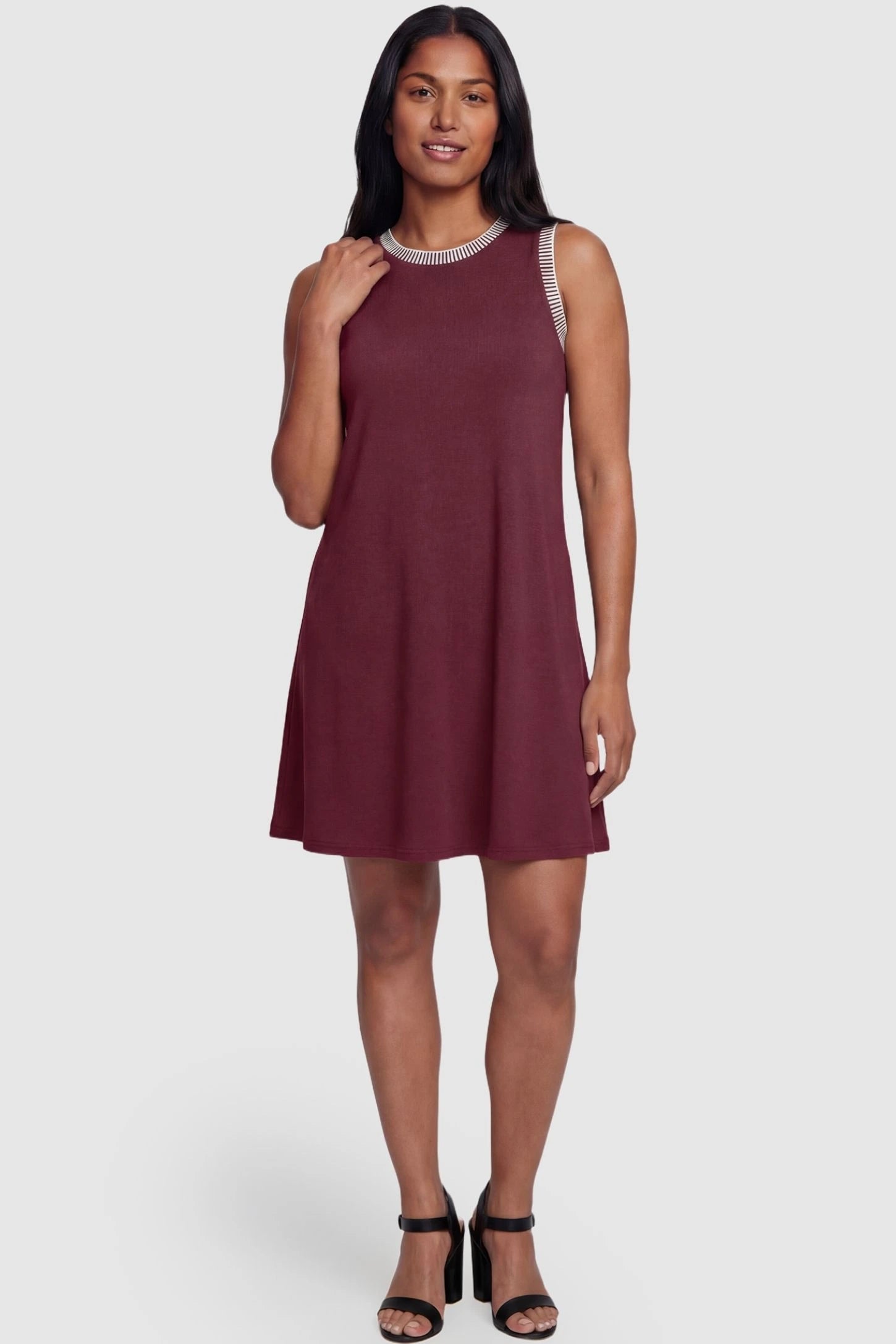 Sleeveless Round Neck A-Line Short Maternity Dress Sleeveless round neck A-line short maternity dress in burgundy featuring casual summer-ready silhouette in full body view on a postpartum model