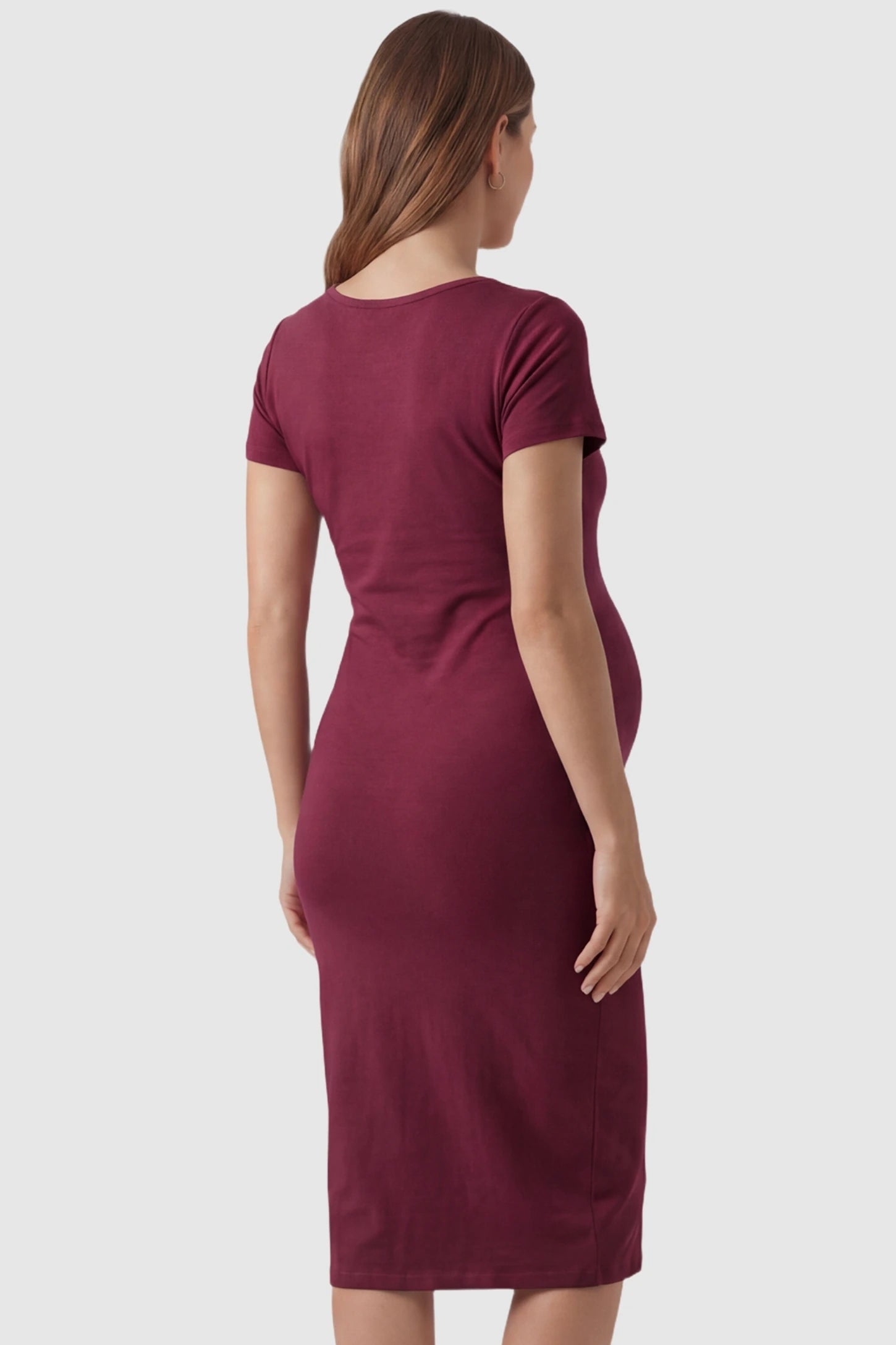 Short Sleeve Layered Midi Maternity Nursing Dress in Burgundy featuring a curve-hugging back view on a pregnant model.