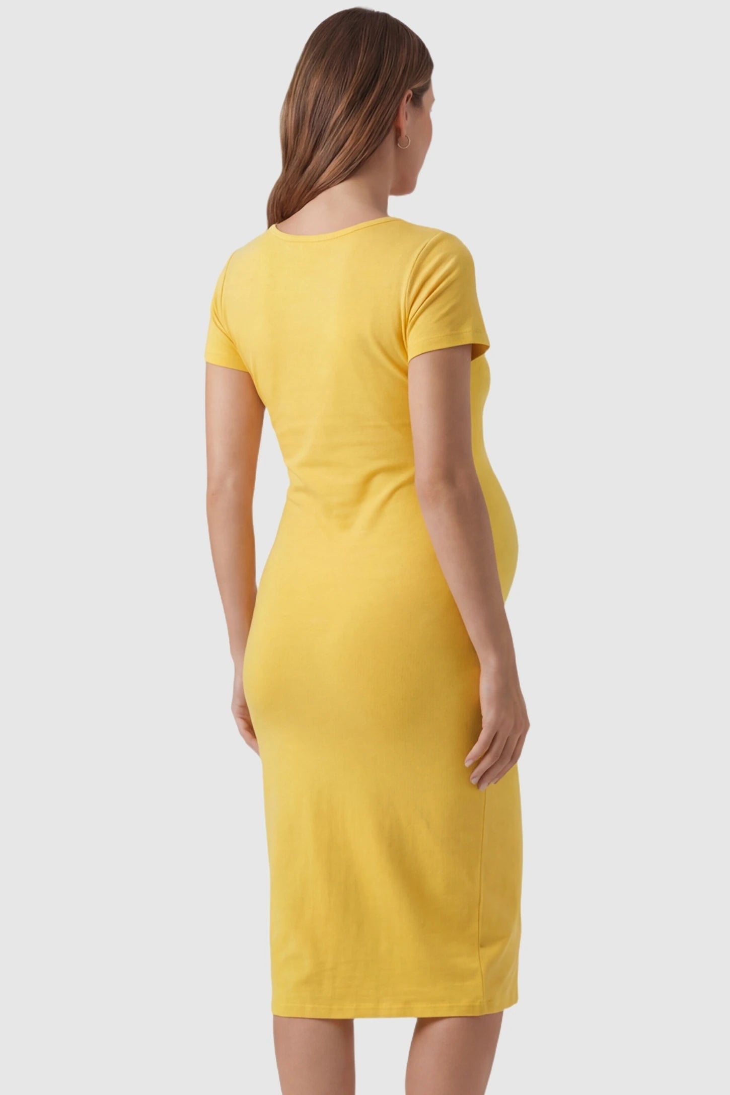 Short Sleeve Layered Midi Maternity Nursing Dress Short Sleeve Layered Midi Maternity Nursing Dress in Yellow featuring a sleek back-view pencil cut on a pregnant model.