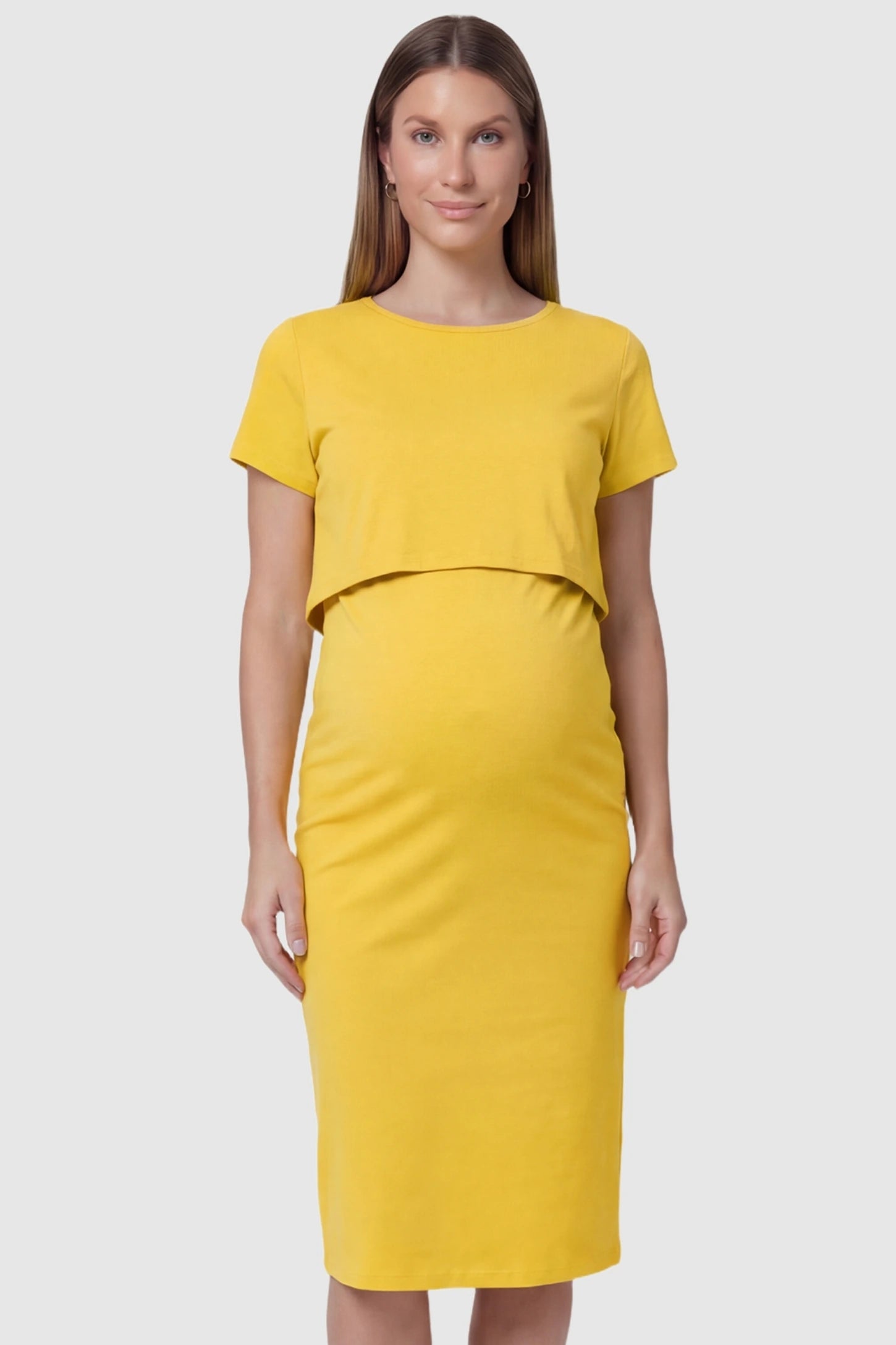 Short Sleeve Layered Midi Maternity Nursing Dress Short Sleeve Layered Midi Maternity Nursing Dress in Yellow featuring a pencil cut on a pregnant model.