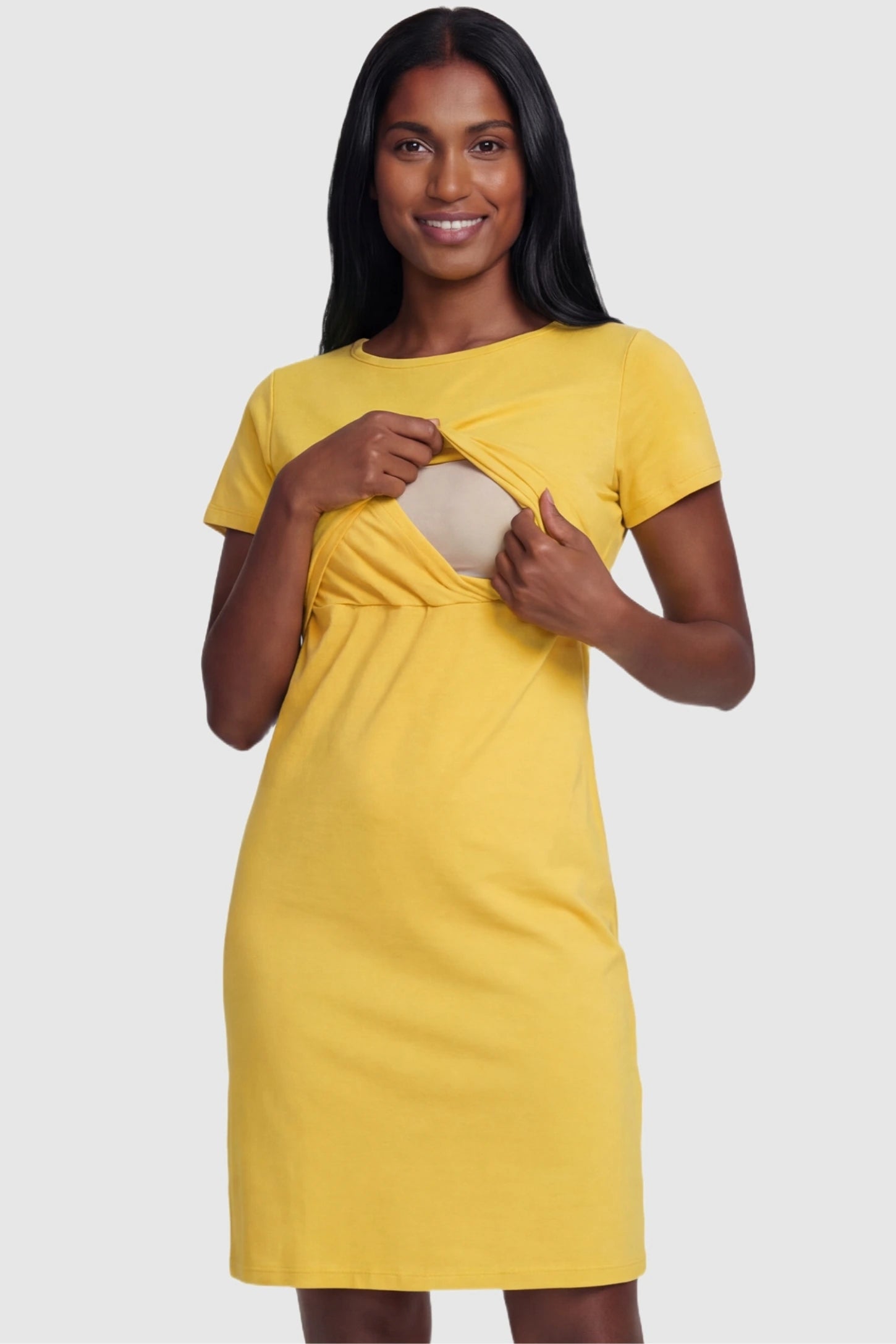 Short Sleeve Layered Midi Maternity Nursing Dress Short Sleeve Layered Midi Maternity Nursing Dress in Yellow featuring a functional lift-up nursing layer for easy breastfeeding on a postpartum model.