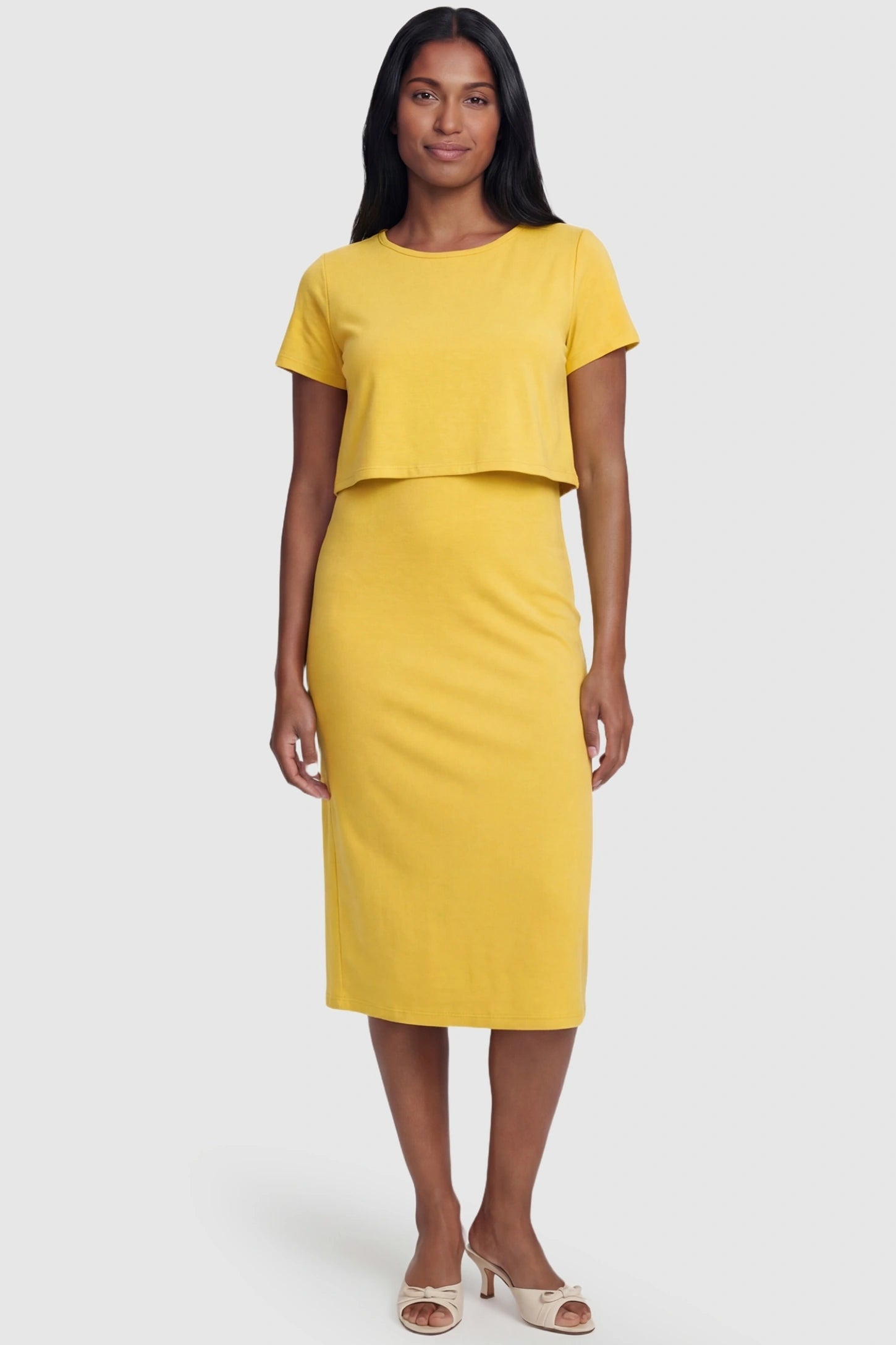 Short Sleeve Layered Midi Maternity Nursing Dress Short Sleeve Layered Midi Maternity Nursing Dress in Yellow featuring a lift-up nursing layer on a postpartum model.