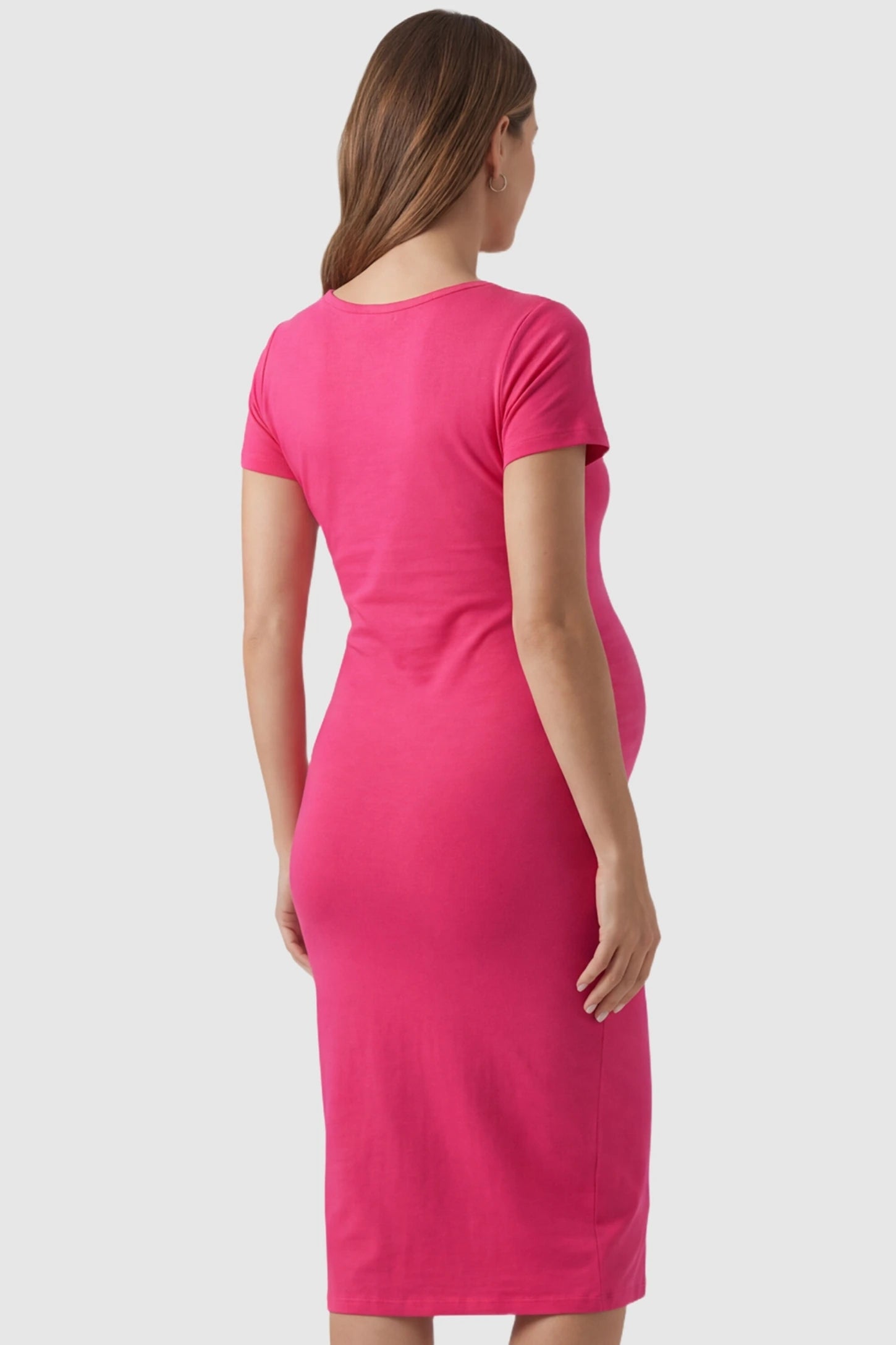 Short Sleeve Layered Midi Maternity Nursing Dress Short Sleeve Layered Midi Maternity Nursing Dress in Rose Red featuring a sleek midi-length back view on a pregnant model.