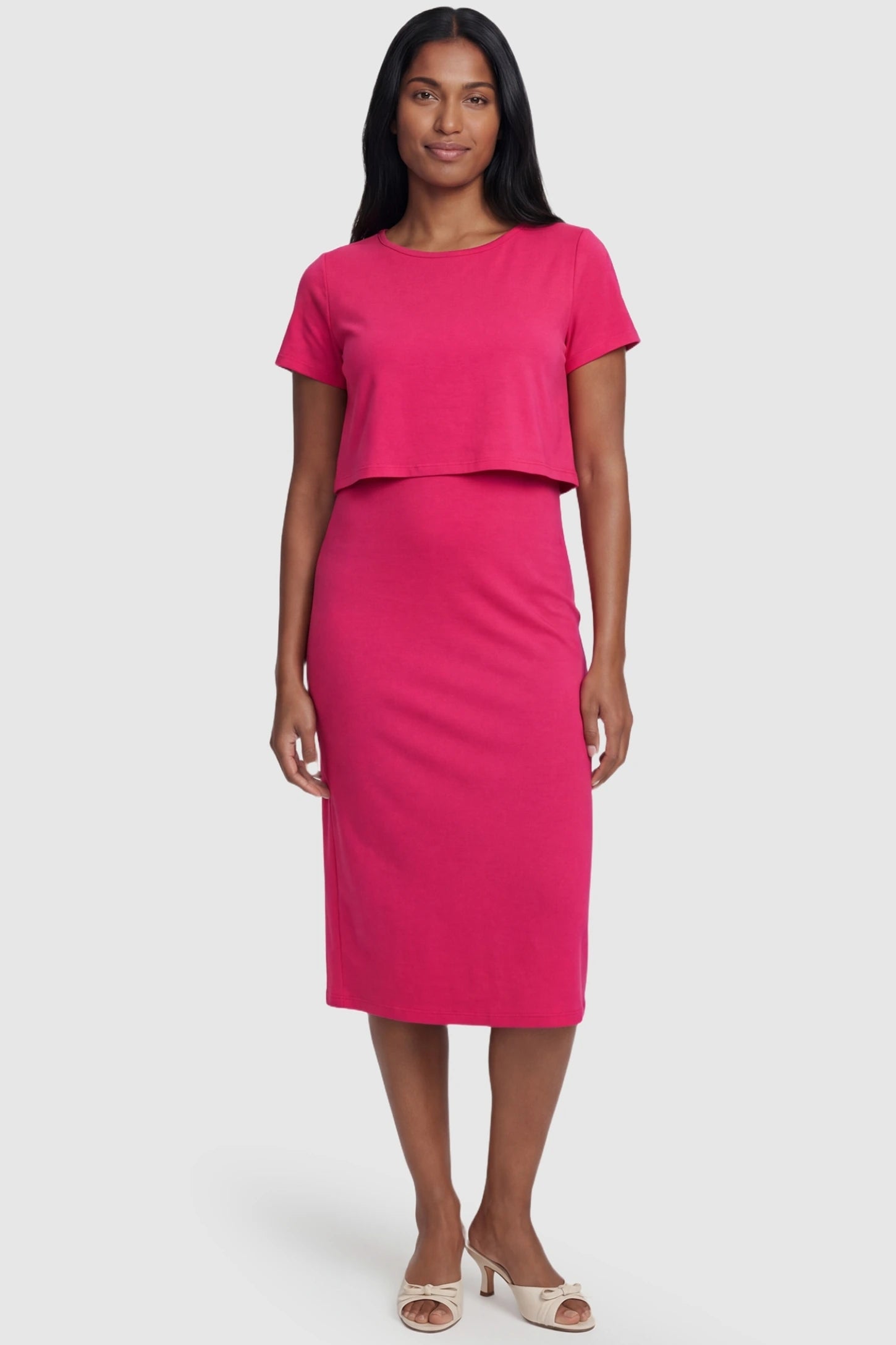 Short Sleeve Layered Midi Maternity Nursing Dress Short Sleeve Layered Midi Maternity Nursing Dress in Rose Red featuring accessible nursing functionality on a postpartum model.