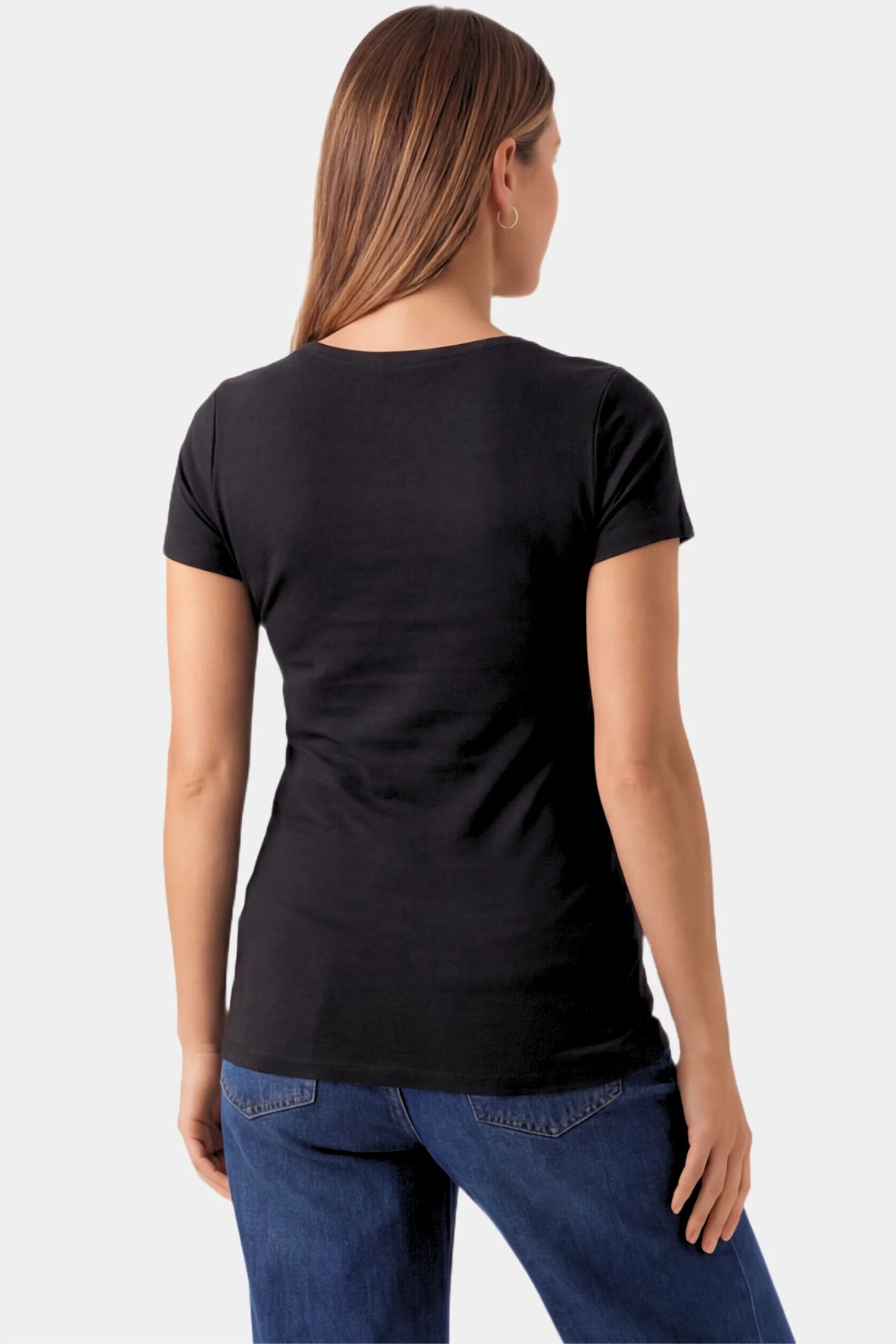 Basic Crew Neck Maternity & Nursing T-Shirt Basic Crew Neck Maternity & Nursing T-Shirt in black featuring a stretch-fit round neck design on a pregnant model.