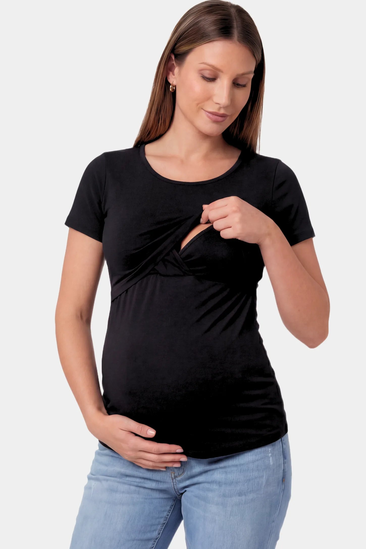 Basic Crew Neck Maternity & Nursing T-Shirt Basic Crew Neck Maternity & Nursing T-Shirt in black featuring a stretch-fit round neck design on a pregnant model.