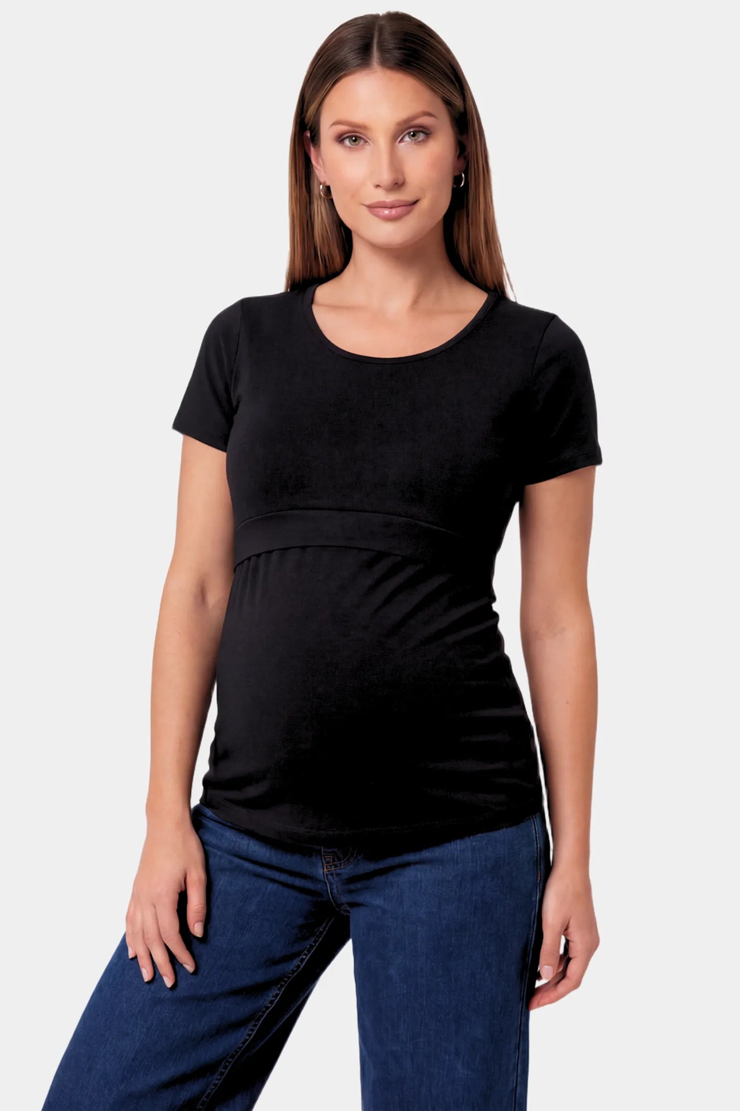 Basic Crew Neck Maternity & Nursing T-Shirt in black featuring a stretch-fit round neck design on a pregnant model.