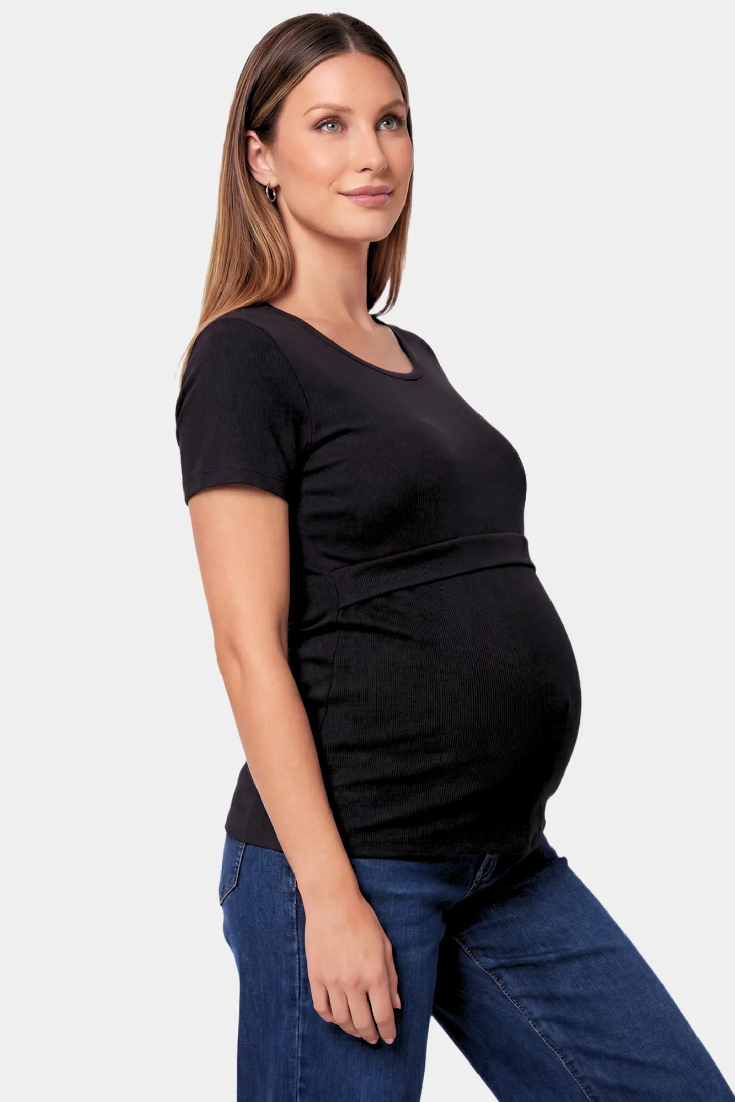 Basic Crew Neck Maternity & Nursing T-Shirt in black featuring a stretch-fit round neck design on a pregnant model.