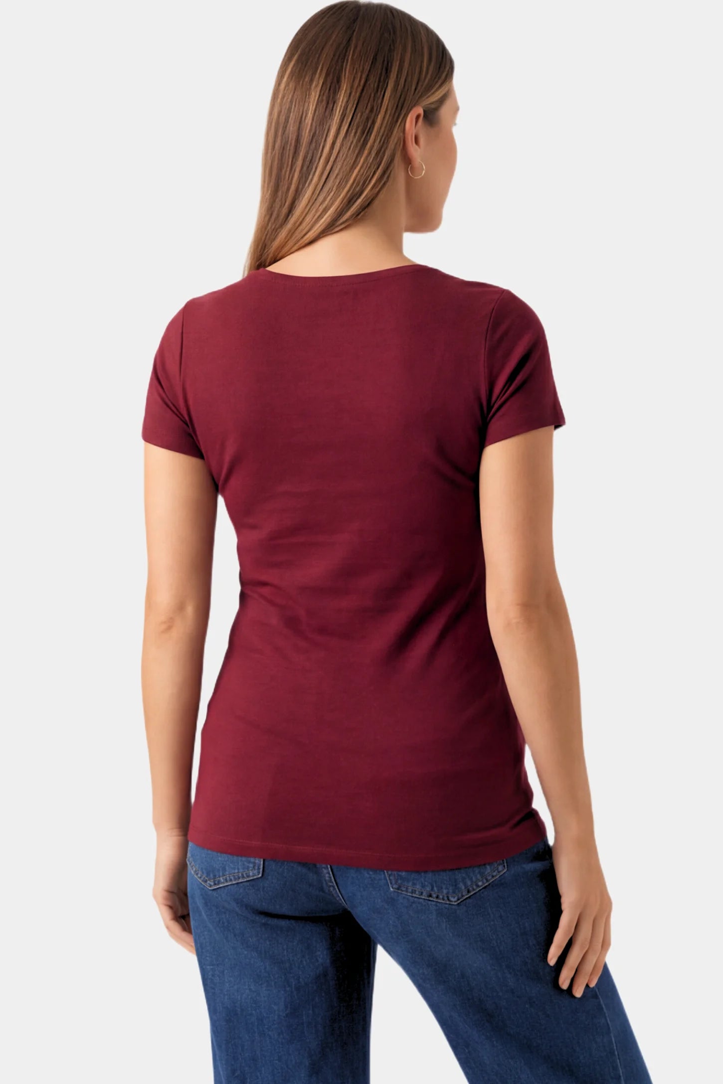 Basic Crew Neck Maternity & Nursing T-Shirt Basic Crew Neck Maternity & Nursing T-Shirt in burgundy featuring a stretch-fit round neck design on a pregnant model.