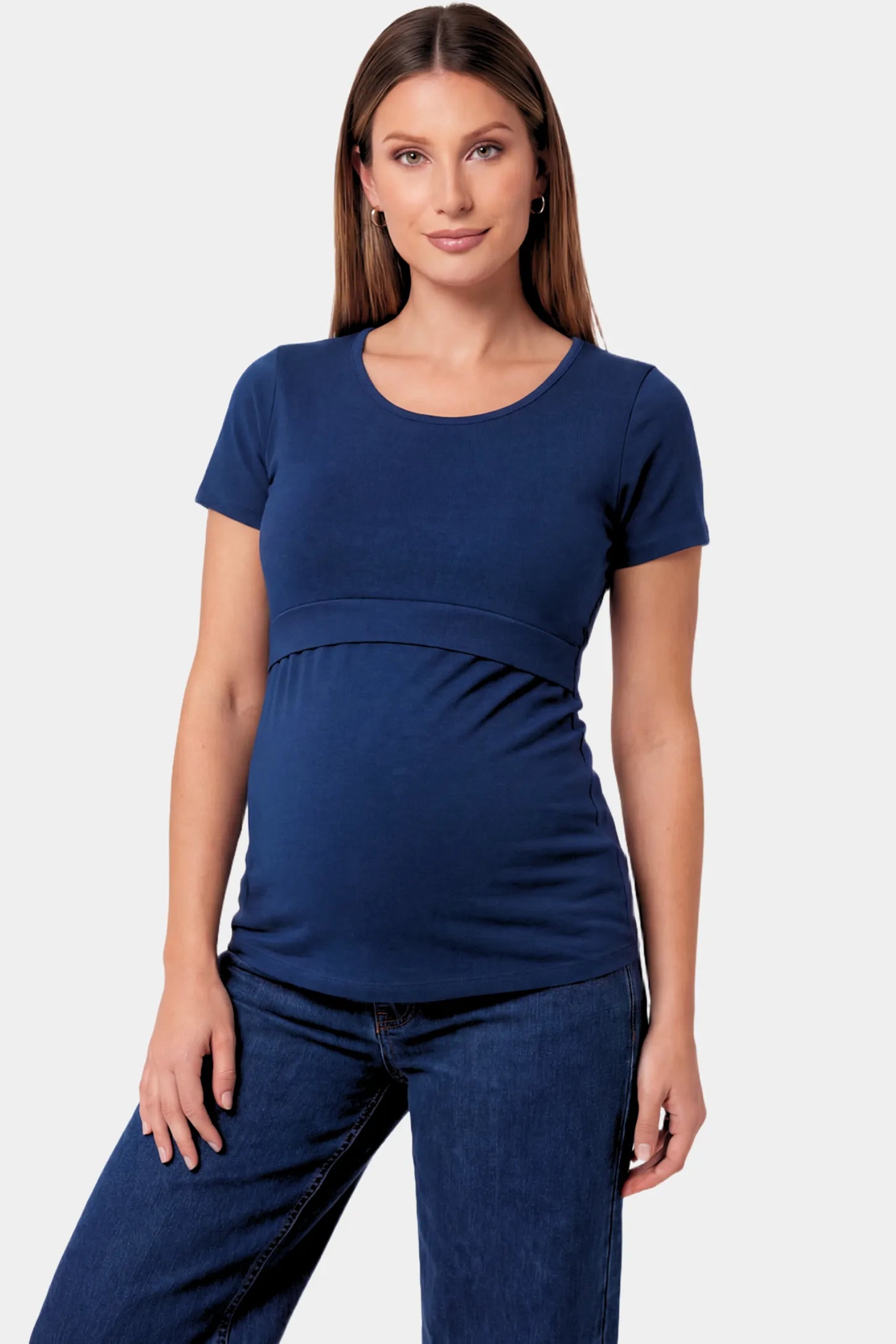 Basic Crew Neck Maternity & Nursing T-Shirt Basic Crew Neck Maternity & Nursing T-Shirt in dark blue featuring a stretch-fit round neck design on a pregnant model.