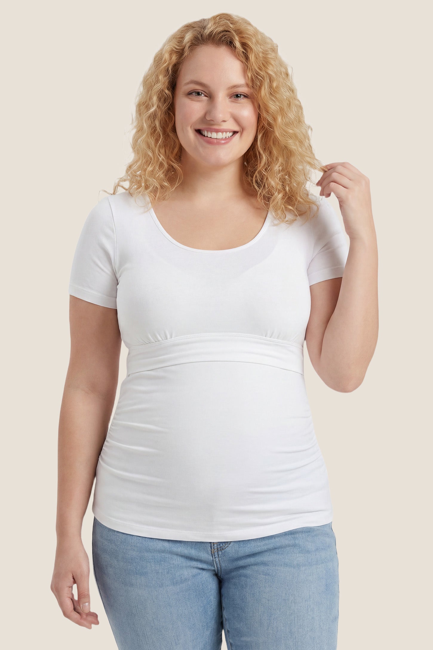 Basic Crew Neck Maternity & Nursing T-Shirt in White featuring a stretch-fit round neck design on a pregnant model, front view.
