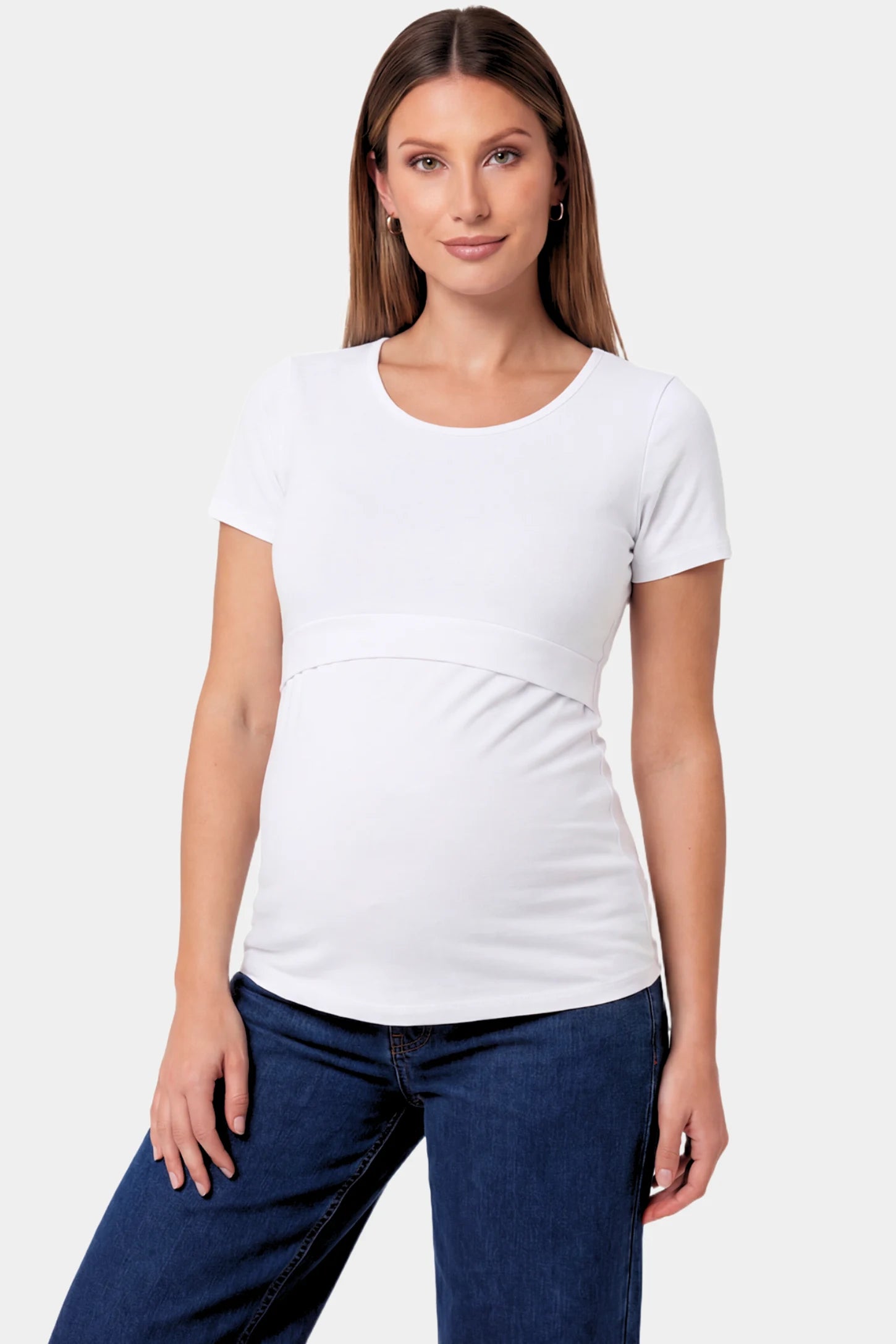 Basic Crew Neck Maternity & Nursing T-Shirt Basic Crew Neck Maternity & Nursing T-Shirt in White featuring a stretch-fit round neck design on a pregnant model.