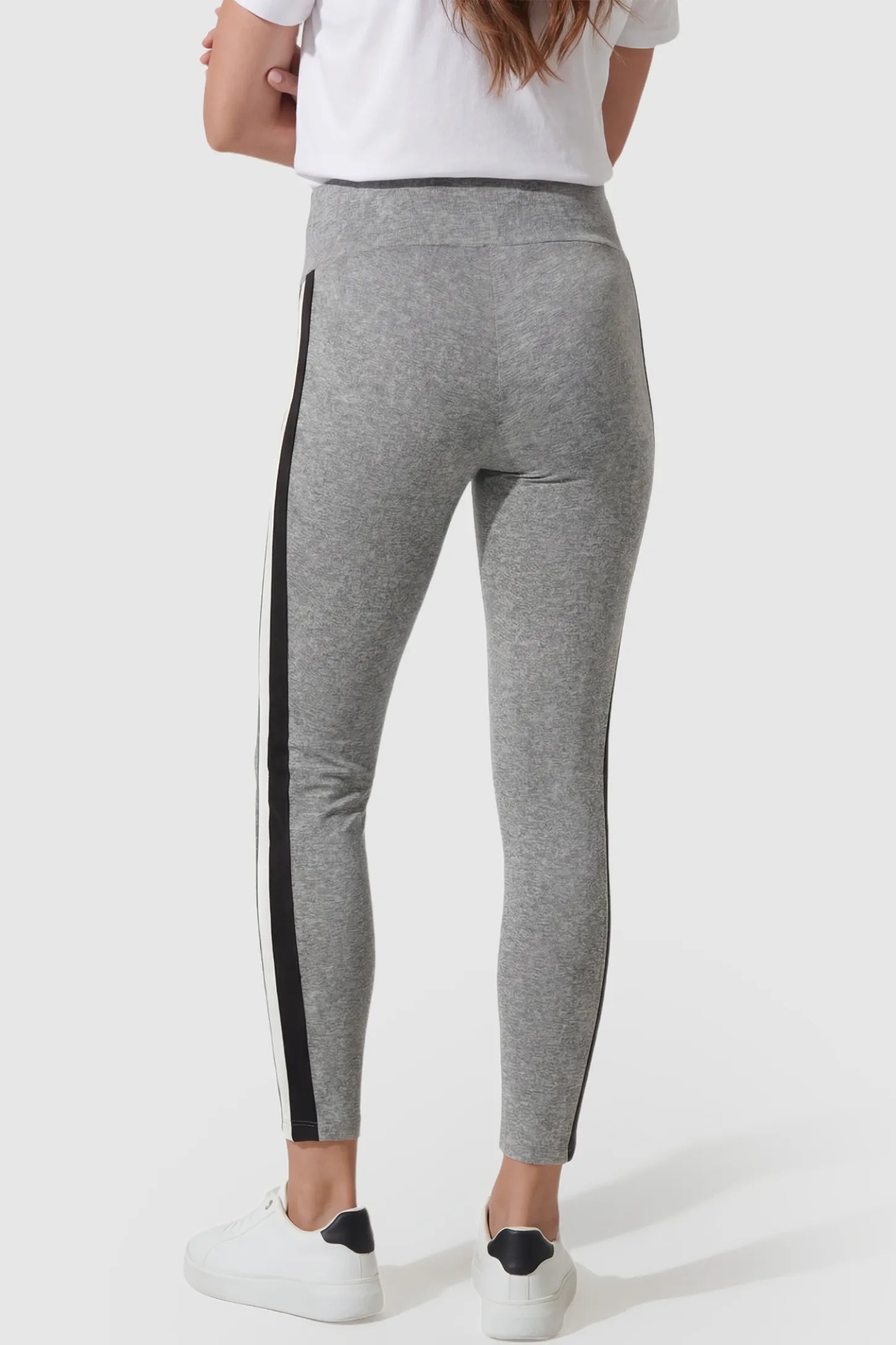 Stretch Waist Panel Side-Stripe Maternity Leggings Stretch waist panel side-stripe maternity leggings in gray with sporty casual style, back view on pregnant model