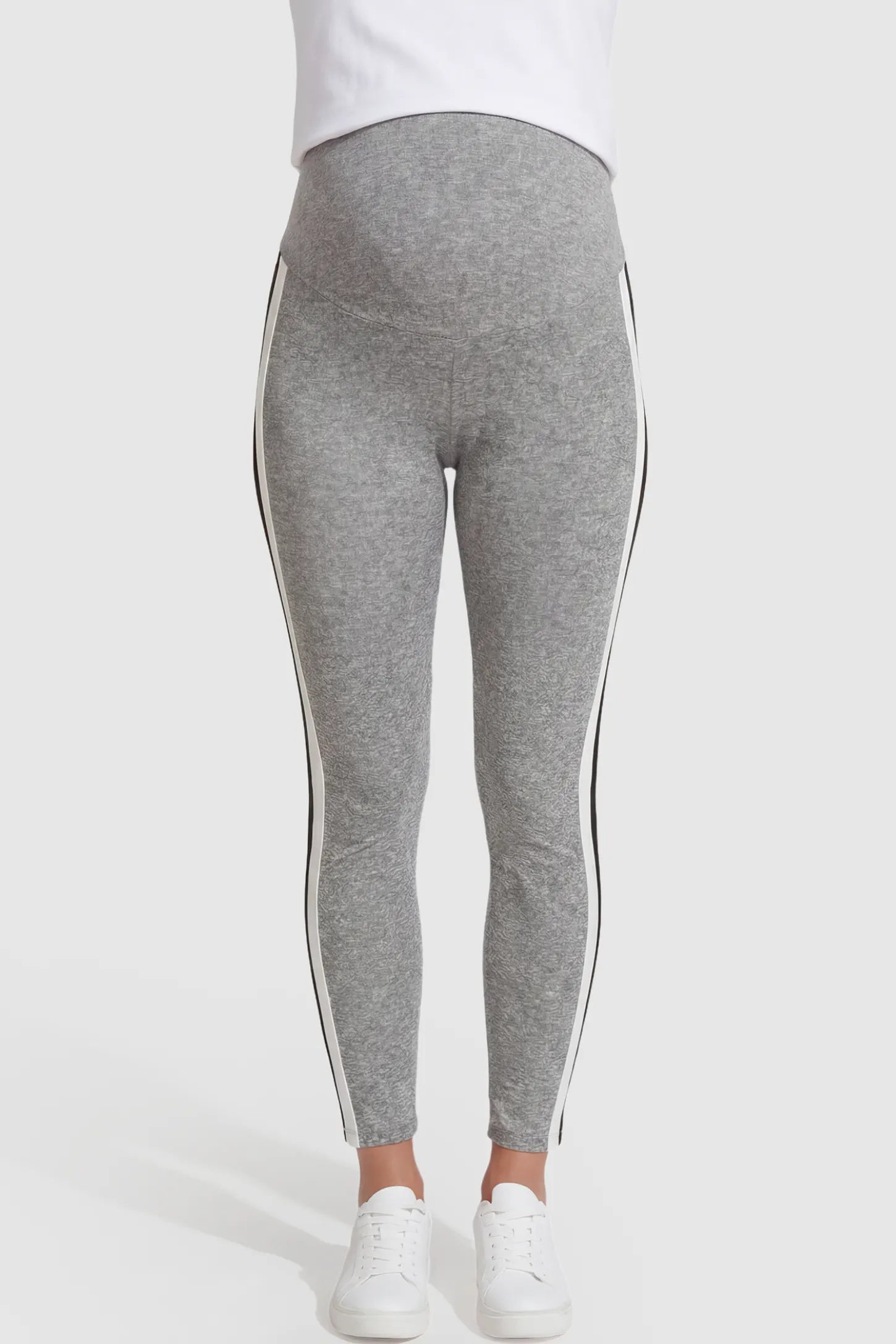 Stretch Waist Panel Side-Stripe Maternity Leggings Stretch waist panel side-stripe maternity leggings in gray with supportive high-waist panel, front view on pregnant model