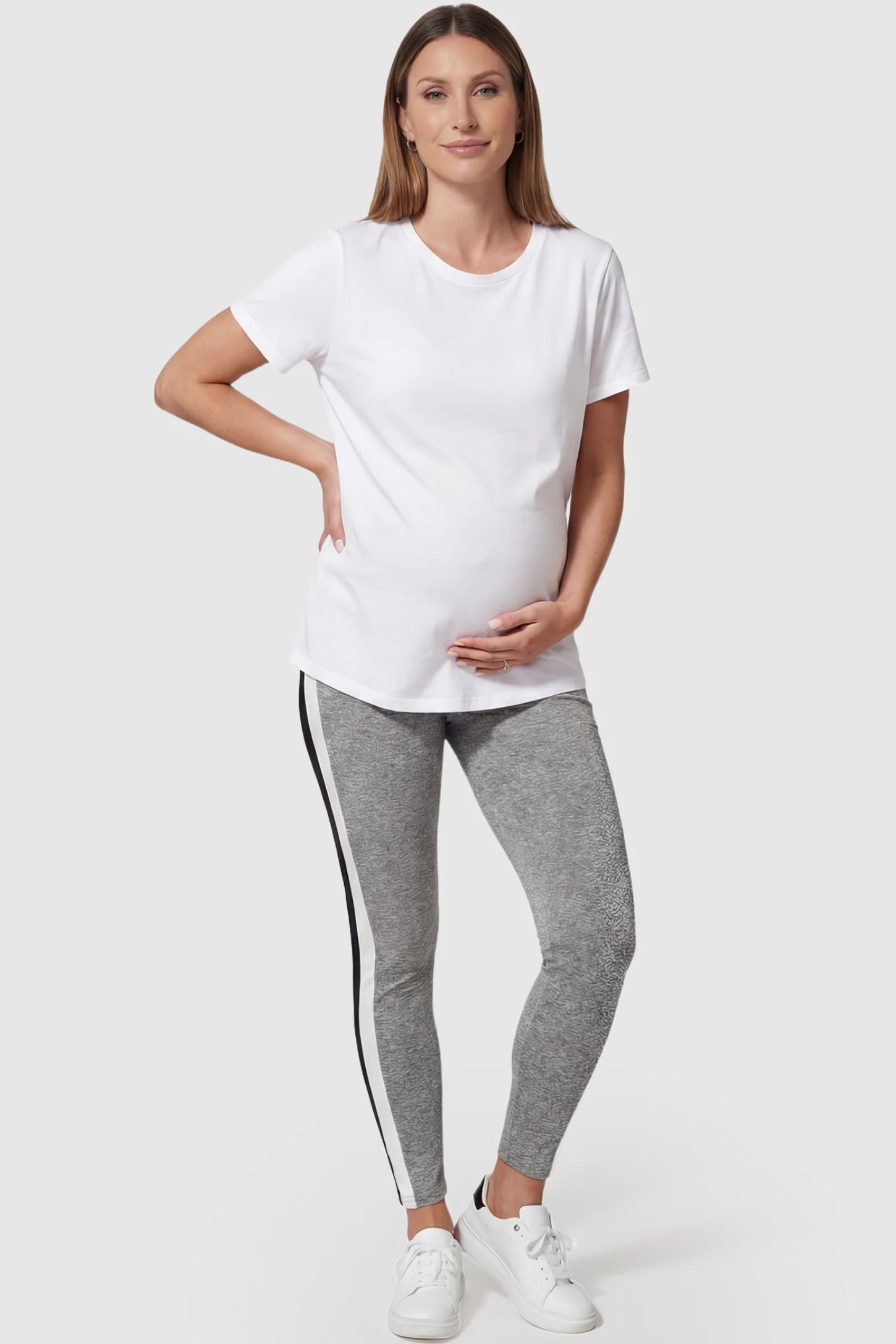 Stretch Waist Panel Side-Stripe Maternity Leggings Stretch waist panel side-stripe maternity leggings in gray with sleek sporty fit, full body front view on pregnant model