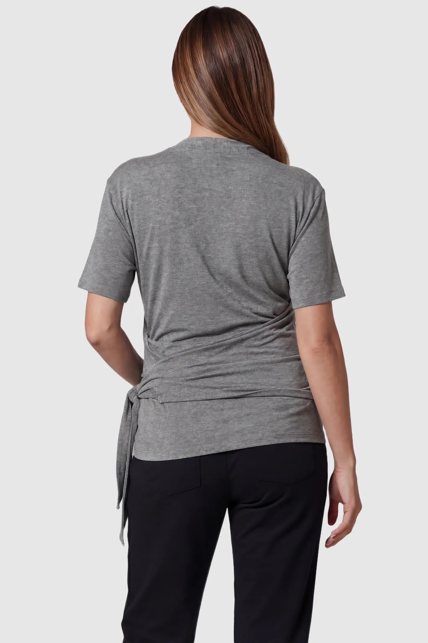 3 in 1 Skin to Skin Wrap Nursing Top Skin to Skin Wrap Nursing Top in gray featuring short sleeves on pregnant model, back view.