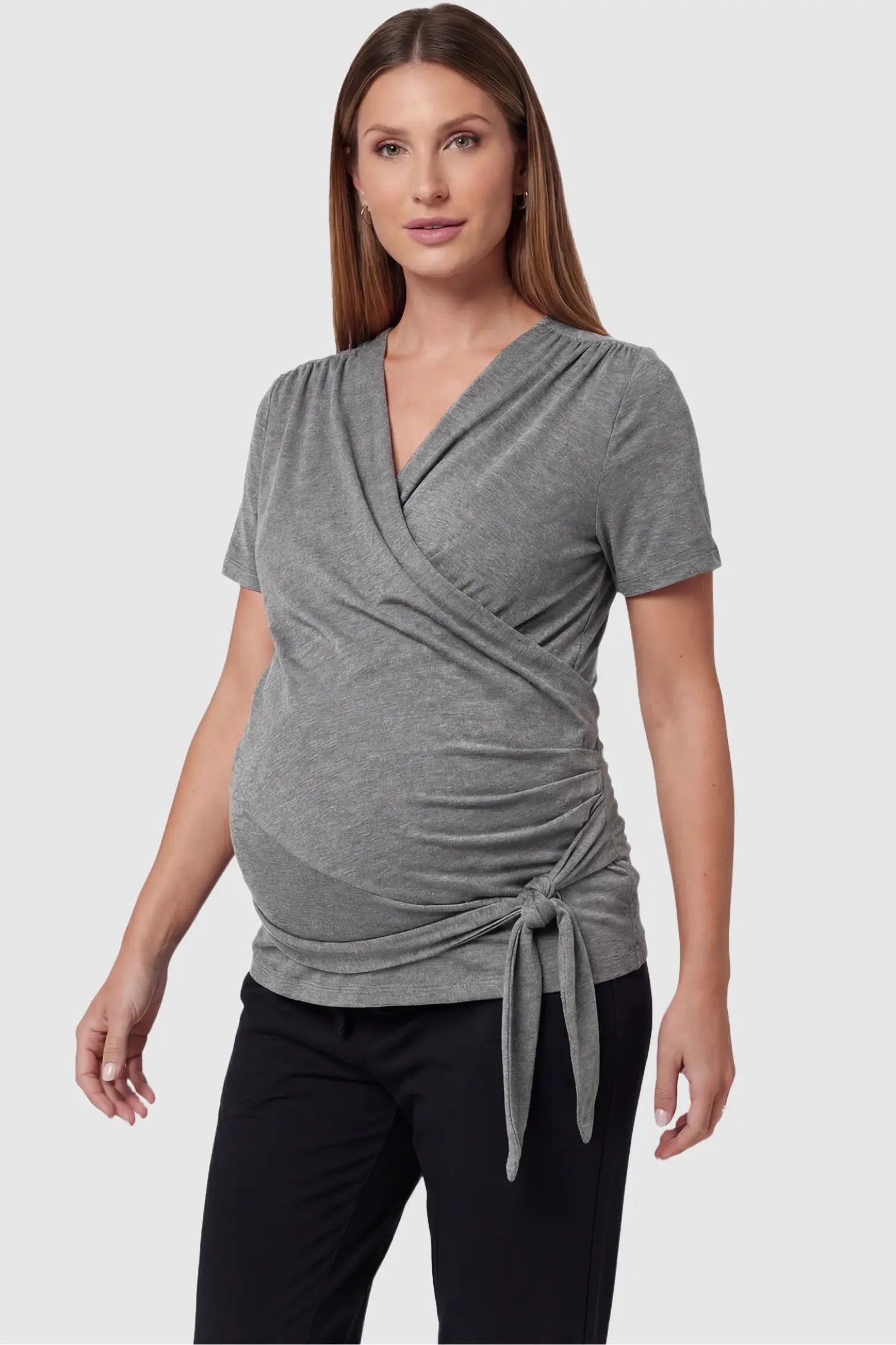 3 in 1 Skin to Skin Wrap Nursing Top Skin to Skin Wrap Nursing Top in Gray featuring soft wrap-front design and short sleeves on pregnant model,front view.