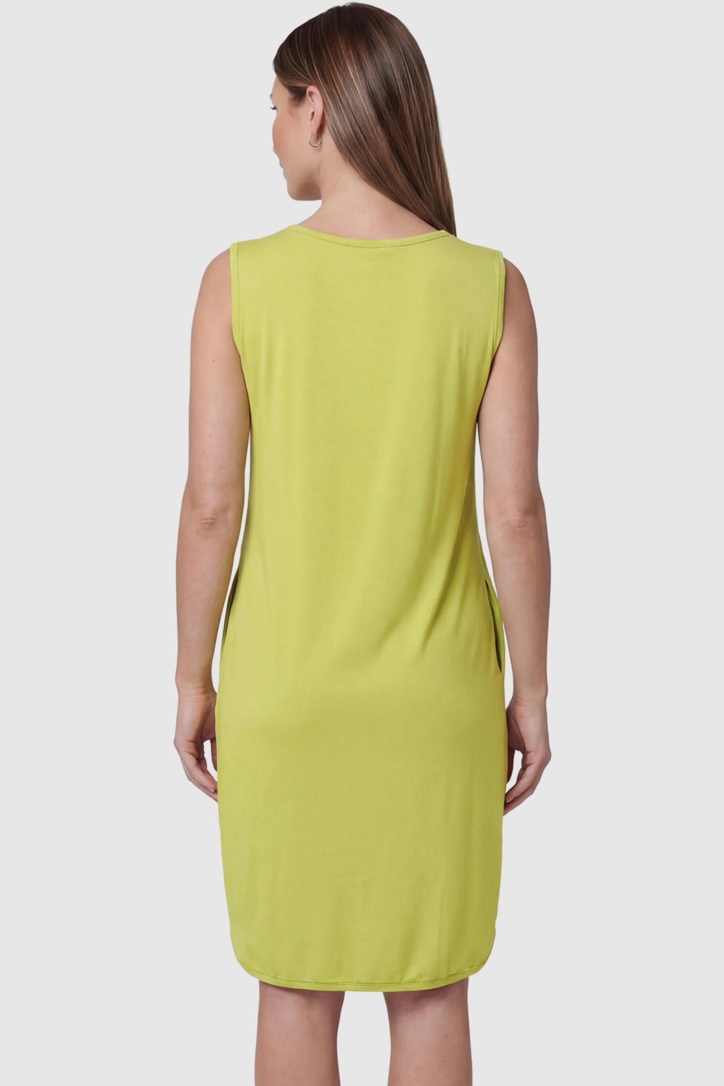 Sleeveless High-Waisted Midi Maternity & Nursing Dress Sleeveless high-waisted midi maternity and nursing dress in ginger yellow featuring clean sleeveless back design in back view on a pregnant model