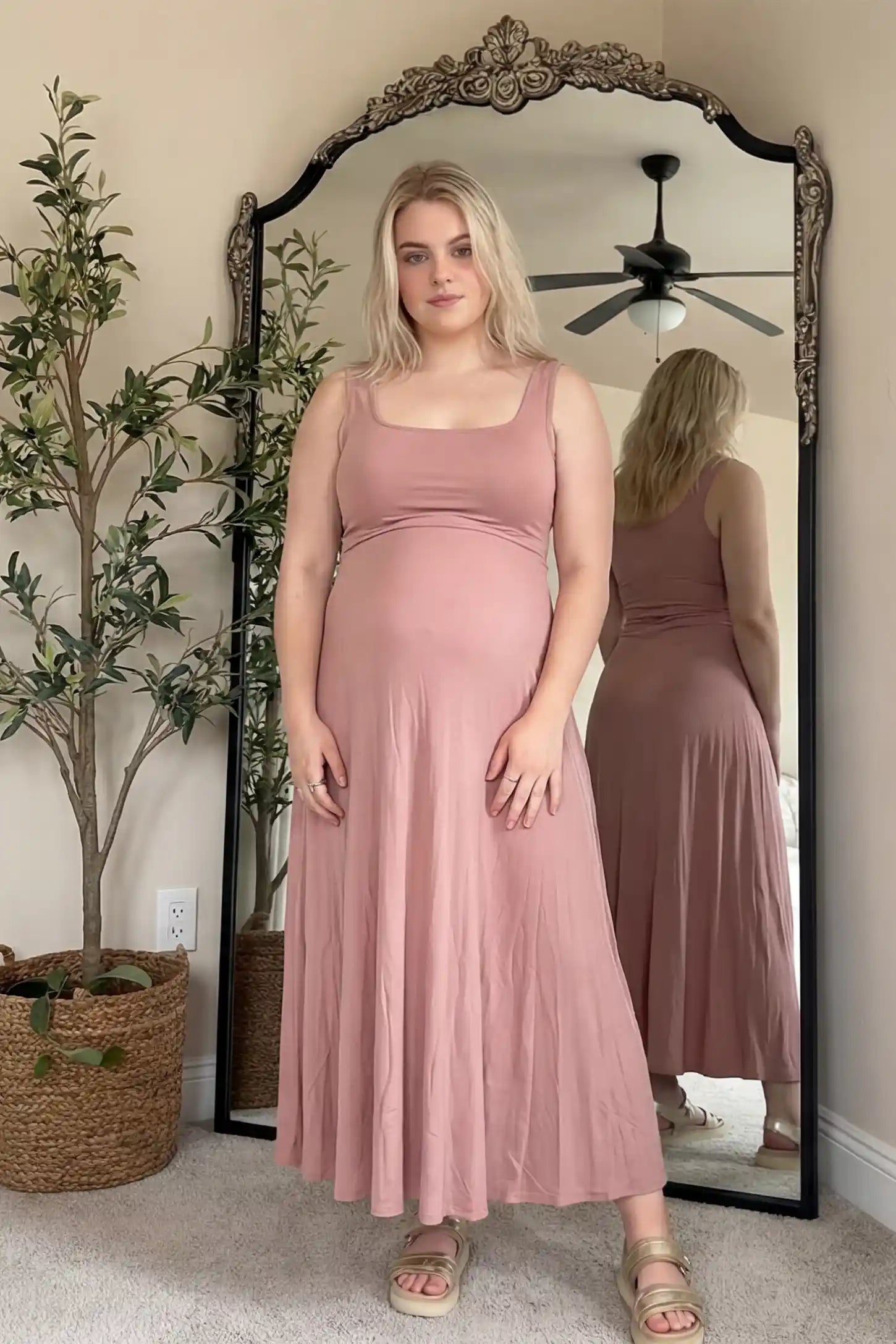 Square neck sleeveless maternity maxi dress in pink with sleeveless design, front view on pregnant model