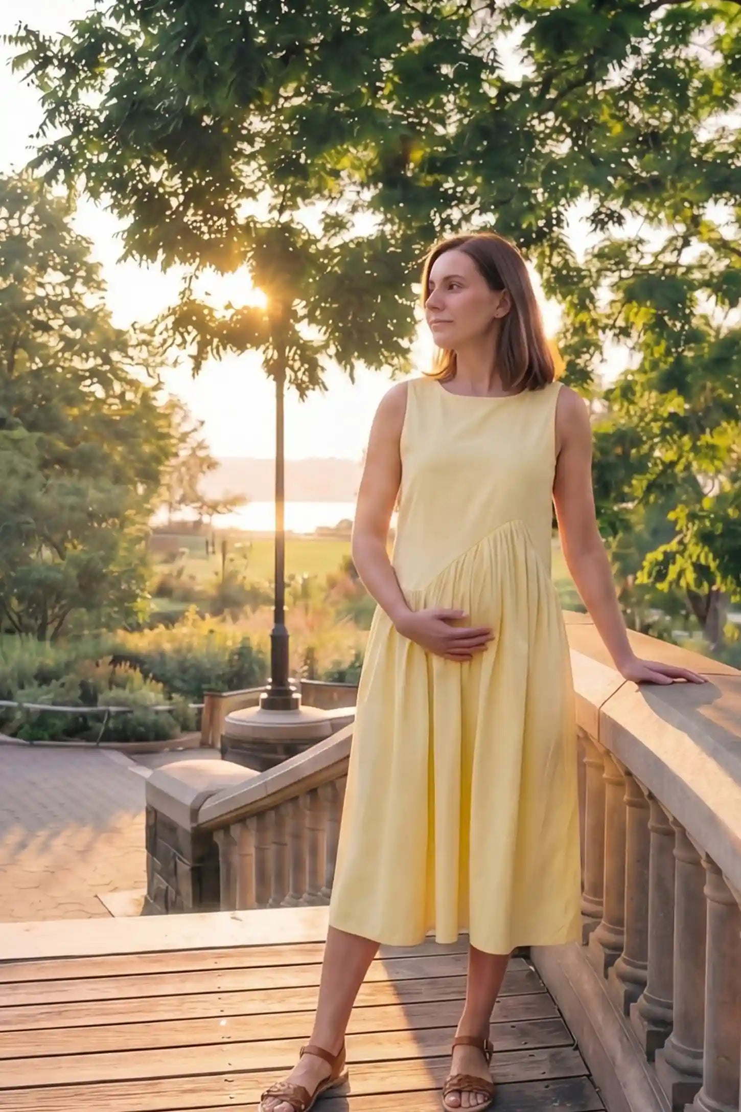 Sleeveless A-Line Maternity Midi Dress with Pockets Sleeveless A-line maternity midi dress with pockets in yellow with sleeveless design and soft drape, front view on pregnant model