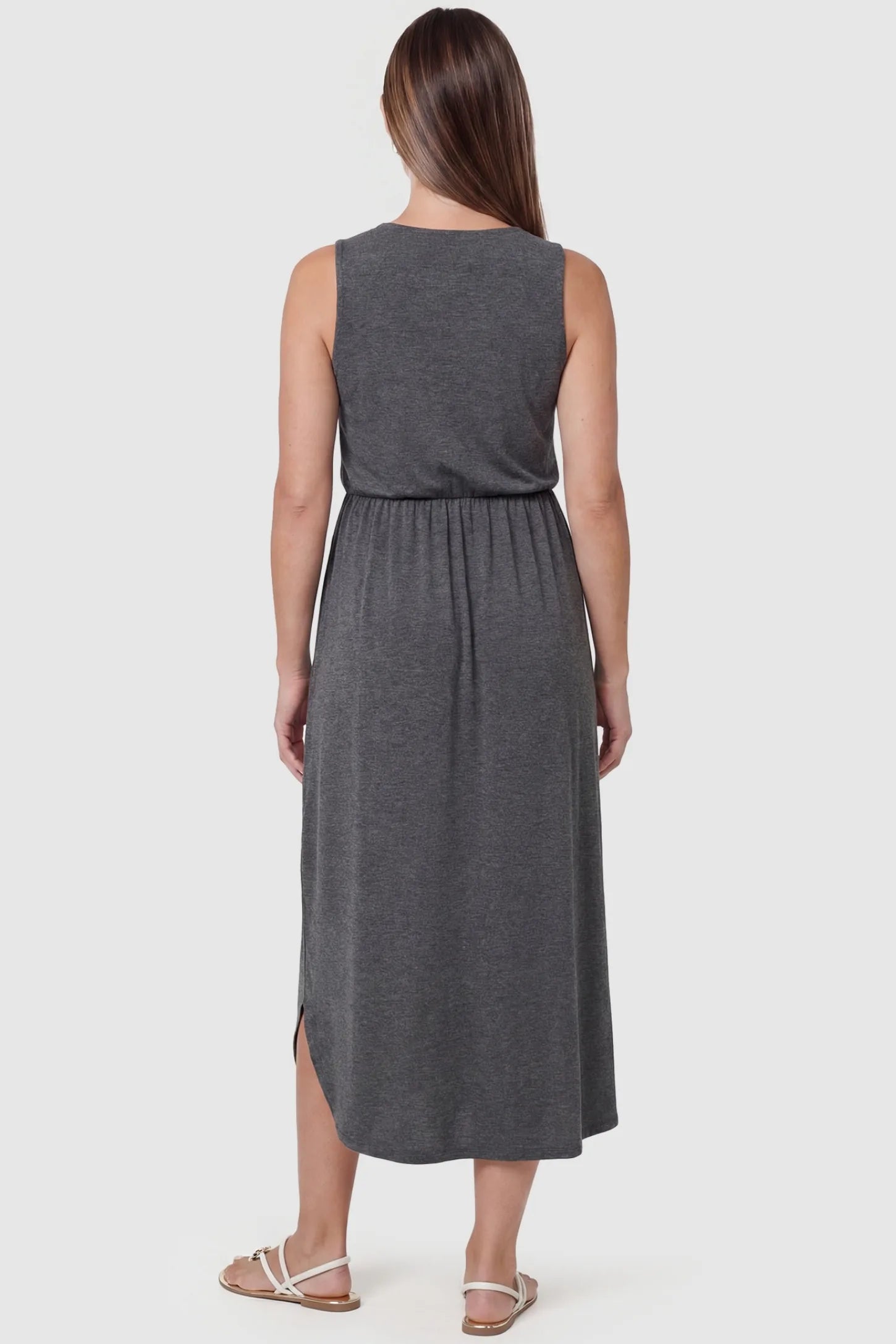 Sleeveless Gathered Waist Mid-Length Maternity Dress Sleeveless Gathered Waist Mid-Length Maternity Dress in Gray featuring a slim-fit back and high waist on a pregnant model back view.