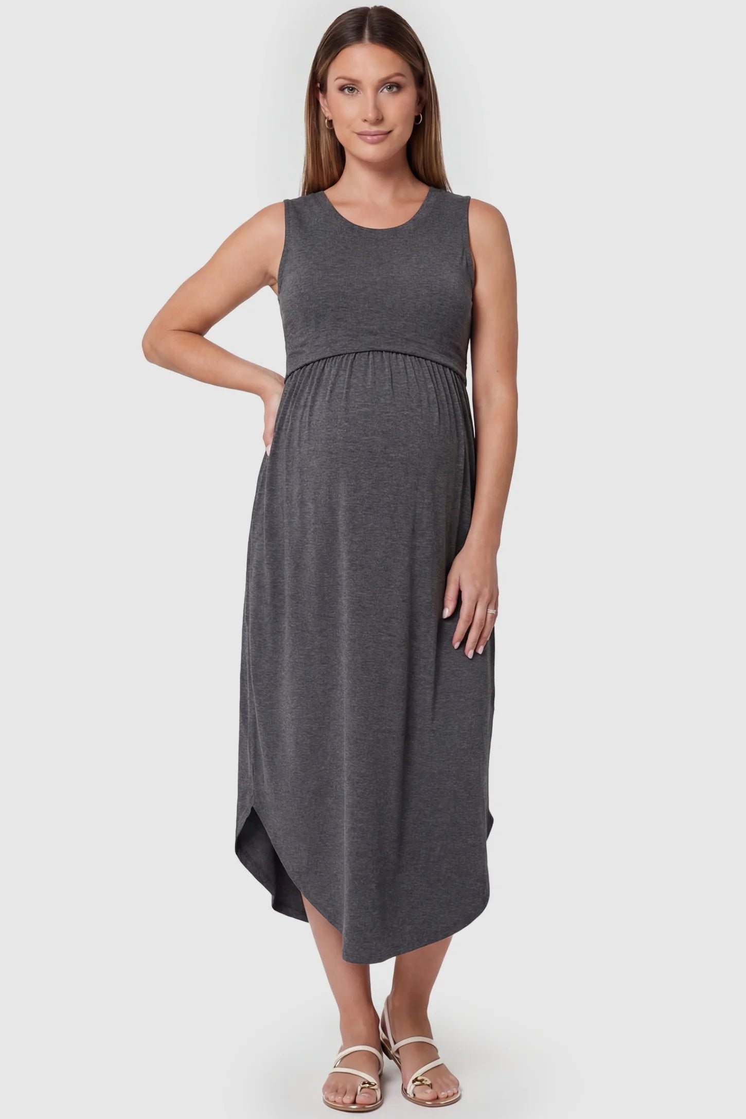Sleeveless Gathered Waist Mid-Length Maternity Dress in Gray featuring a breathable A-line cut on a pregnant model front view.