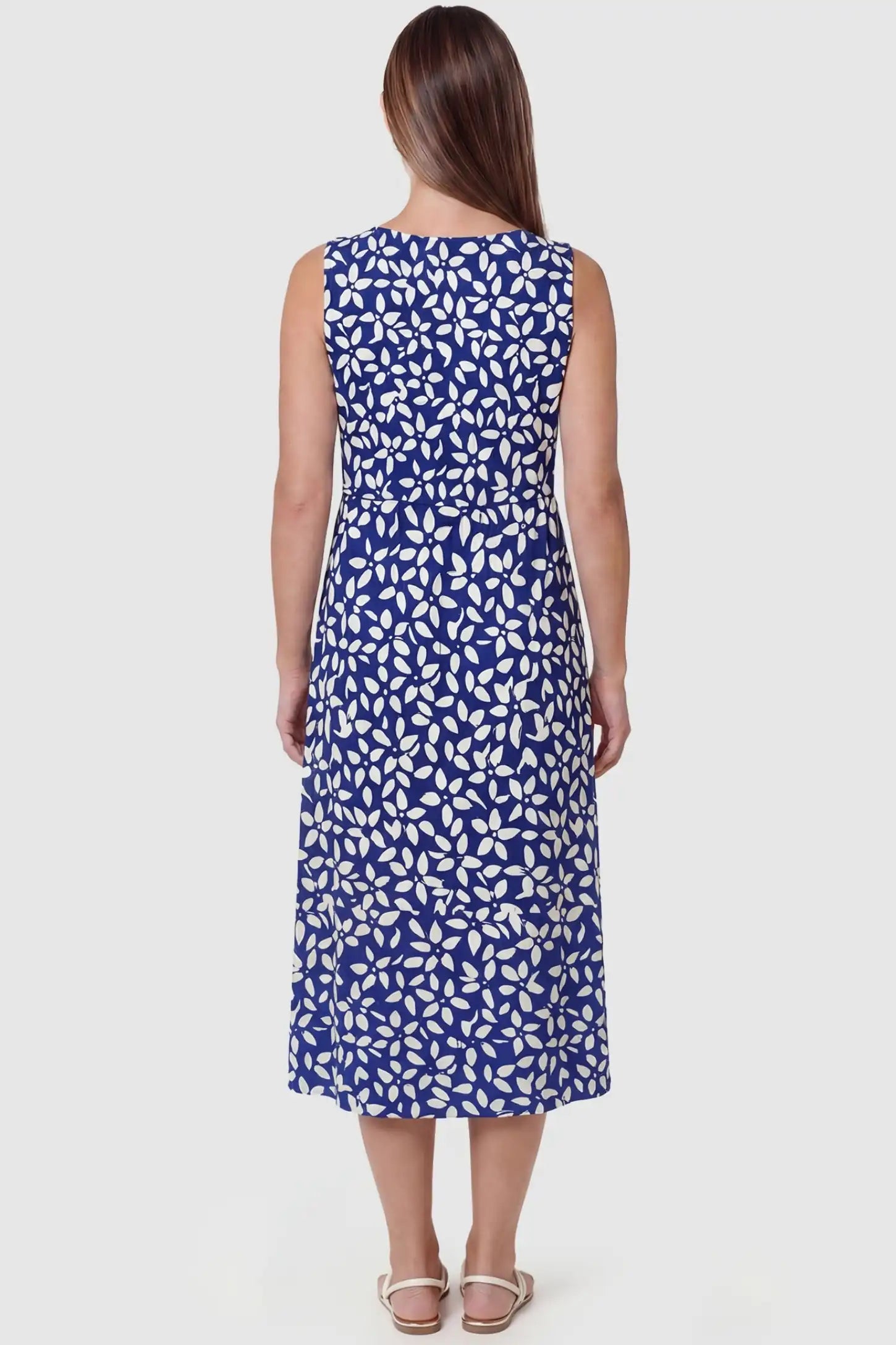 Built-in Pocket Floral Maternity Summer Dress Built-in Pocket Floral Maternity Summer Dress in Blue featuring a sleeveless pullover back on a pregnant model back view.
