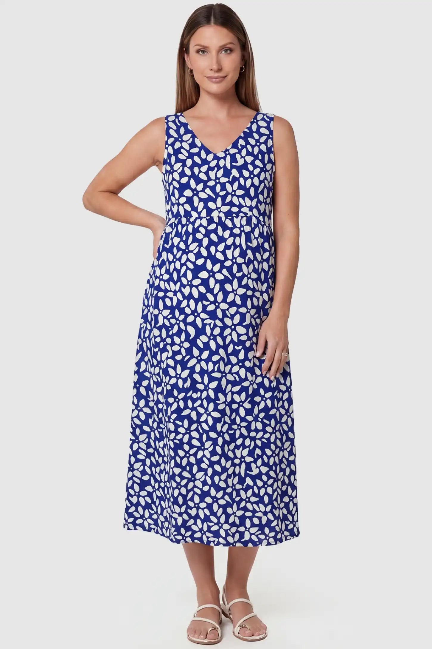 Built-in Pocket Floral Maternity Summer Dress in Blue featuring a V-neck A-line silhouette on a pregnant model front view.