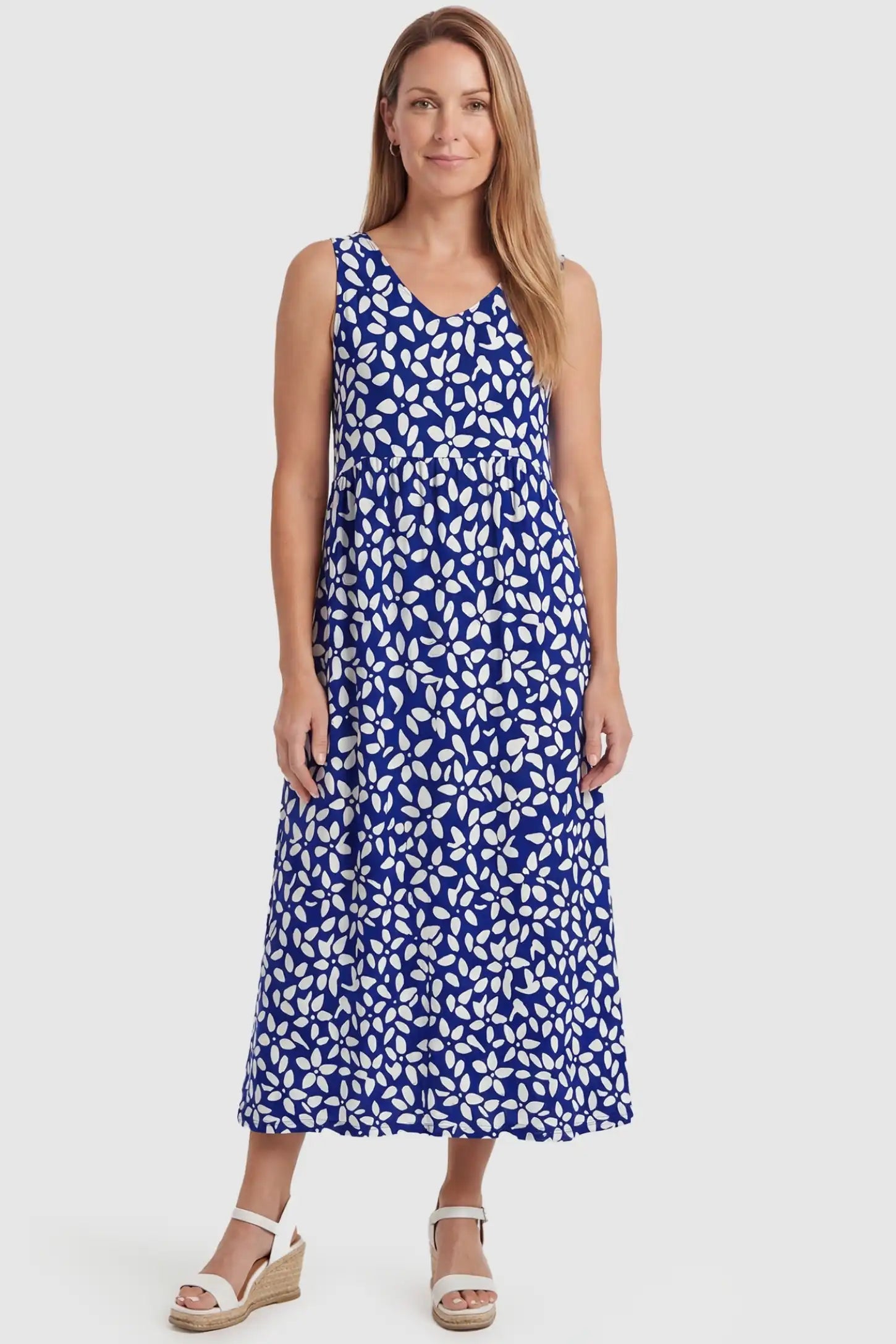 Built-in Pocket Floral Maternity Summer Dress Built-in Pocket Floral Maternity Summer Dress in Blue featuring a flowy botanical print on a postpartum model front view.